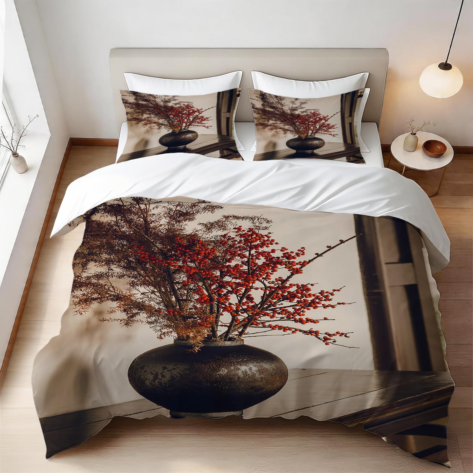 Housse de couette 140x200 baies rouges pour une ambiance de chambre zen et cosy