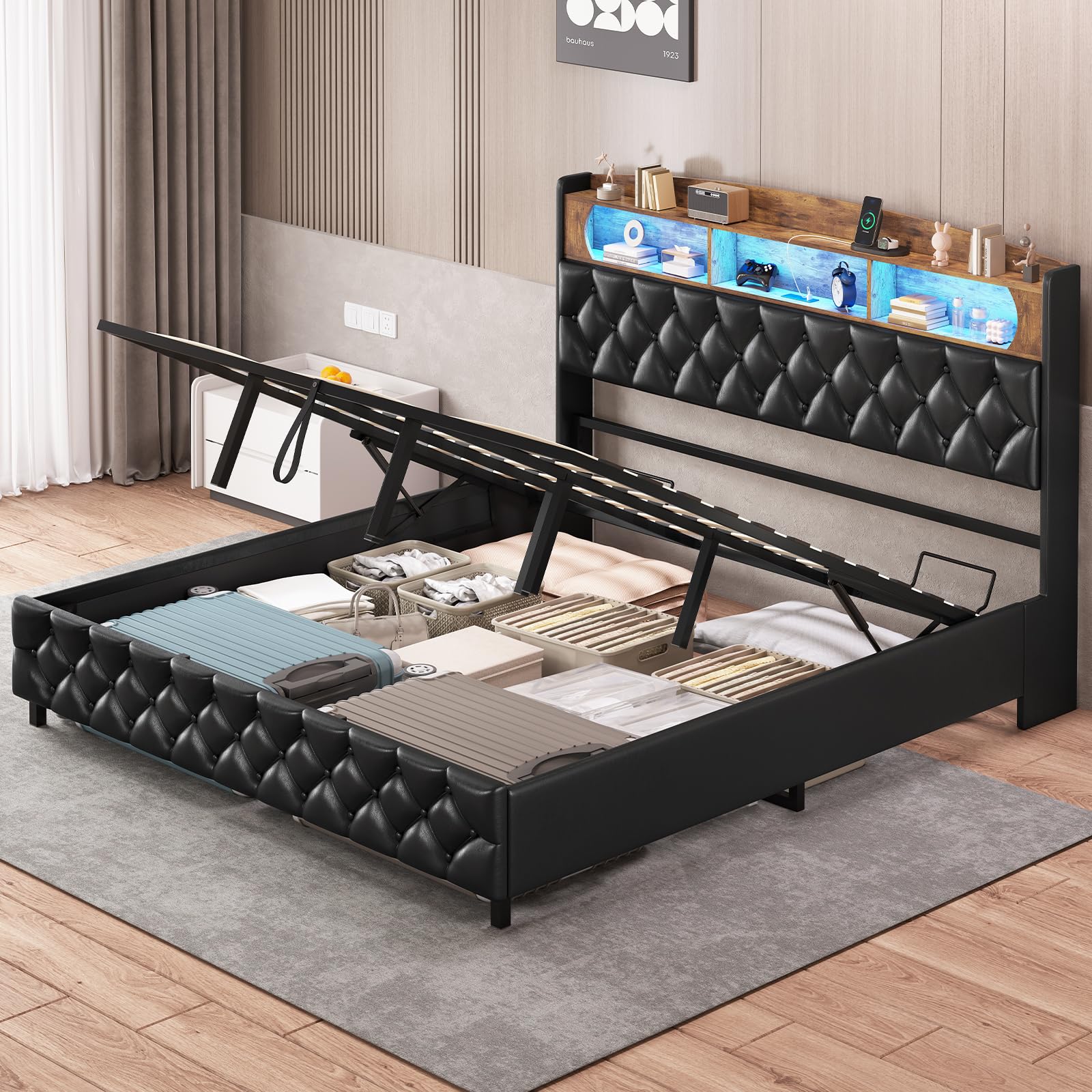 King Size Lift Up Storage Bed Frame, King Platform Bed with Storage & LED LIghts & Charging Station, Upholstered Storage Headboard, No Box Spring Needed, Noise Free, Easy Assembly