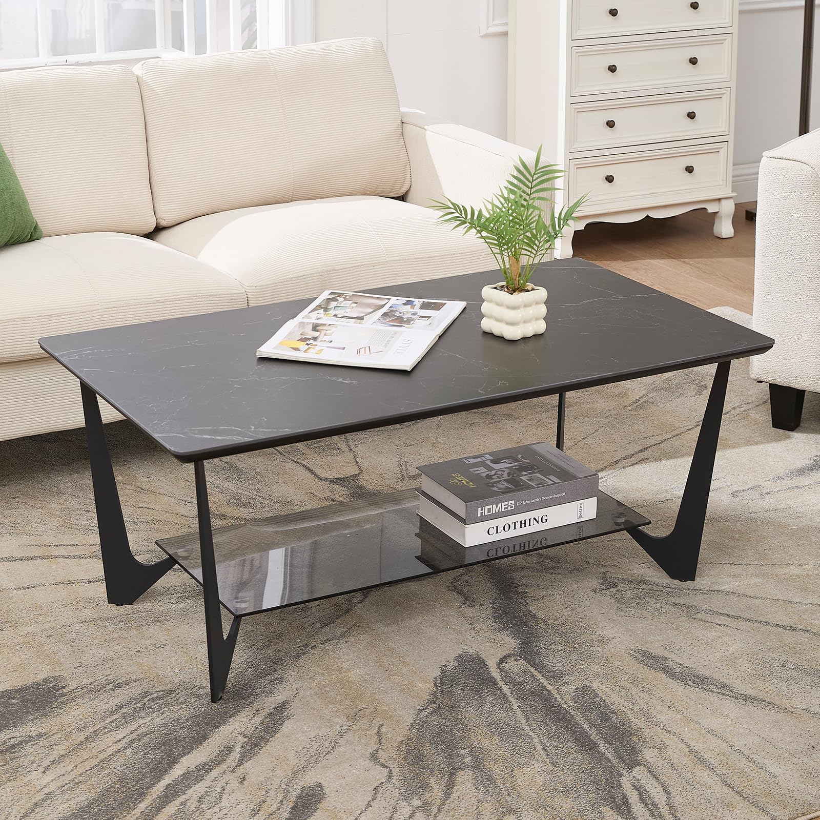 chairus Couchtisch Rechteckig, Marmormuster, 2 Ablagen Stauraum, Schwarz