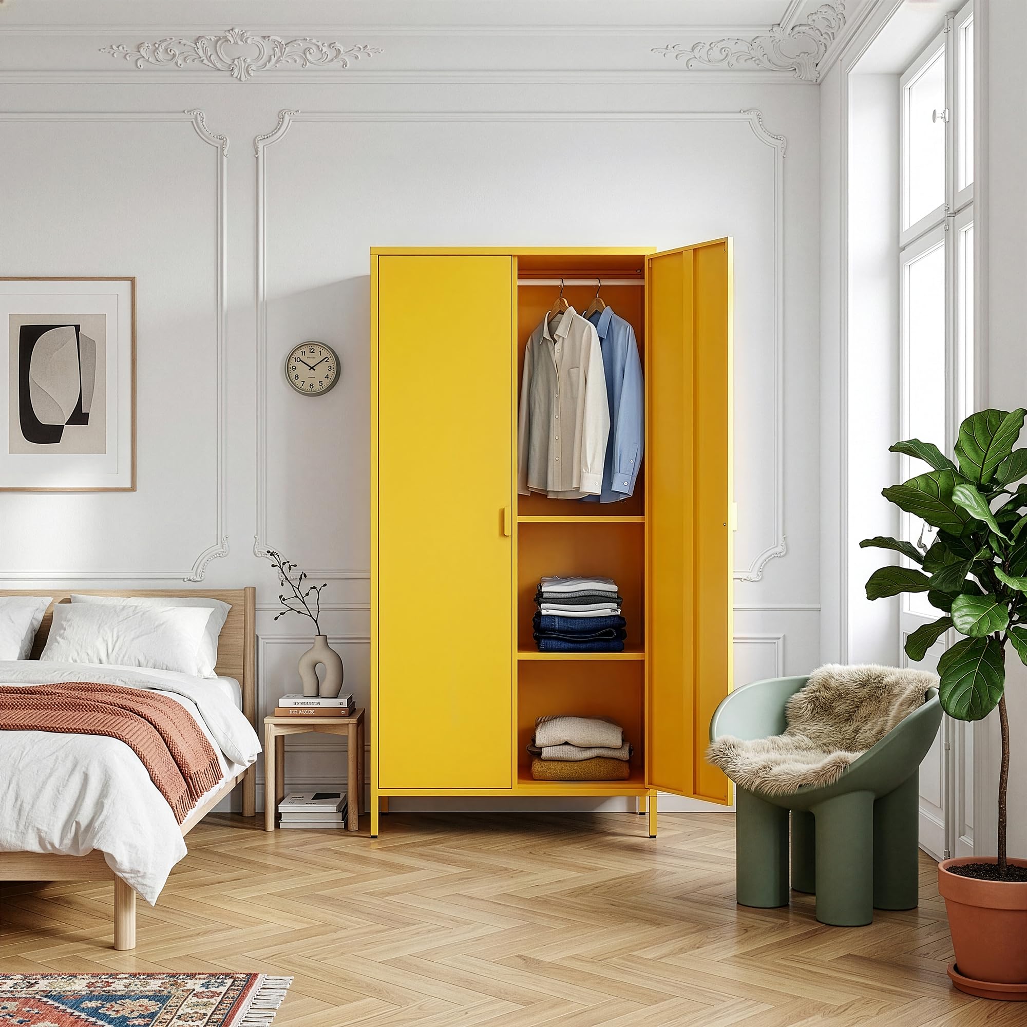 [en.casa] Kleiderschrank Esteli Garderobenschrank mit 2 Türen 170 x 80 x 45 cm Schlafzimmerschrank 2 Kleiderstangen 4 höhenverstellbare Einlegeböden Stahl Gelb