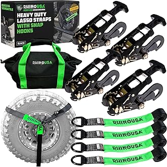 Car Tie Down Straps with Snap Hooks – 4 Pack 2" x8' – 10,000lbs Break Strength – Heavy Duty T-Handle Car Hauler Tire Lasso Wheel Straps for Trailers, UTV & Powersports – Black