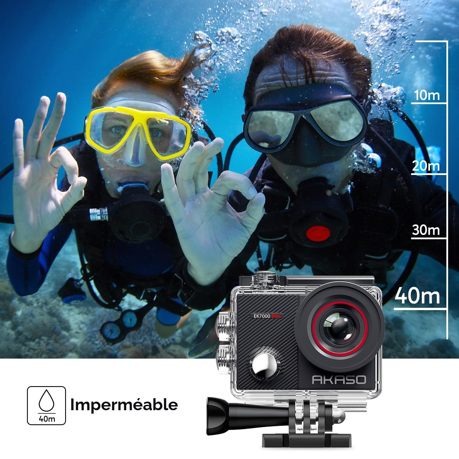 AKASO EK7000 Pro Caméra Sport Kit de Poignée Flottant - Comprend 20MP Camera Sport 4K 30FPS avec Trépied Selfie Stick de 60CM pour Action Caméra Sportive, Sac de Rangement, 2 Batteries et Plus