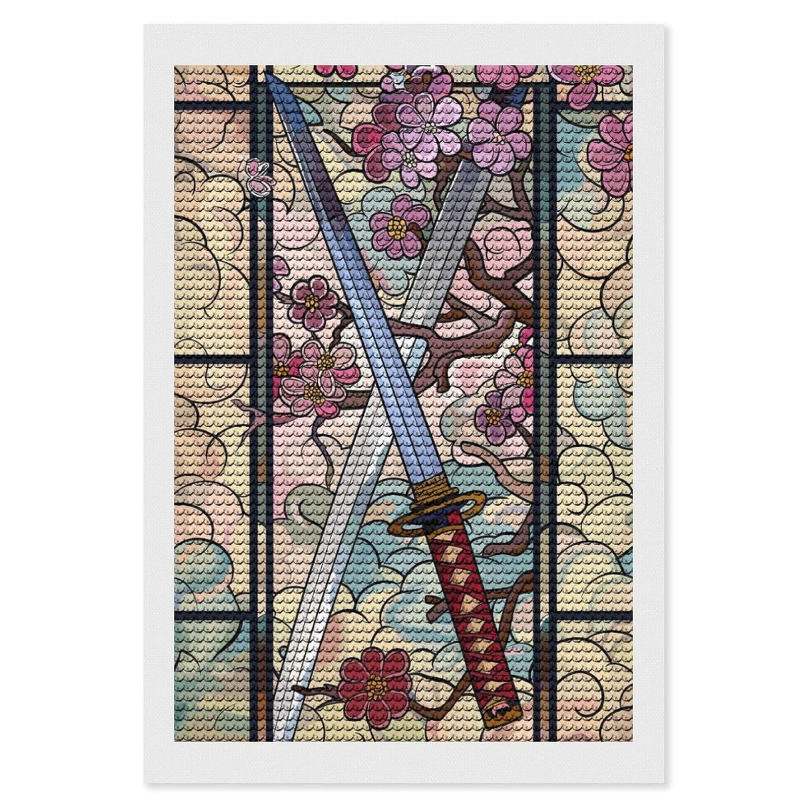 Junmoney Samurai Swords and Cherry Blossoms Diamond Painting Set 8"x12", for Adults, Decorate Your Room, Thoughtful Handmade Gift, Boho Decor, with Tool Kit