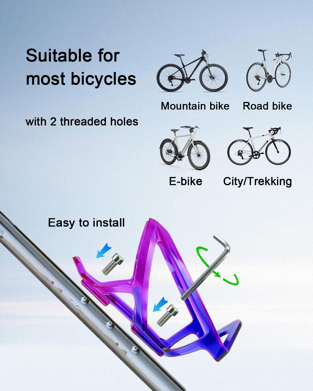 Lot de 2 Porte-Bidons Vélo, Bouteilles Légers Porte-Bidons pour Vélo de Montagne de Route, avec Vis et Clé (Dégradé Bleu-Violet)