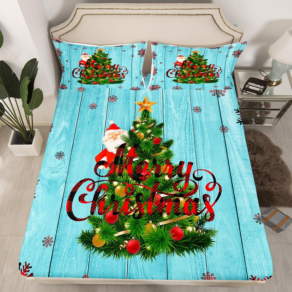 Xmas Tree Fitted Sheet Single Size, Snowflake and Santa Claus Bed Cover with 1 Pillowcase, Blue Wooden Plank Bedding Set 2pcs for Kids Girls Room Decor, Soft Polyester Bedding — image 1