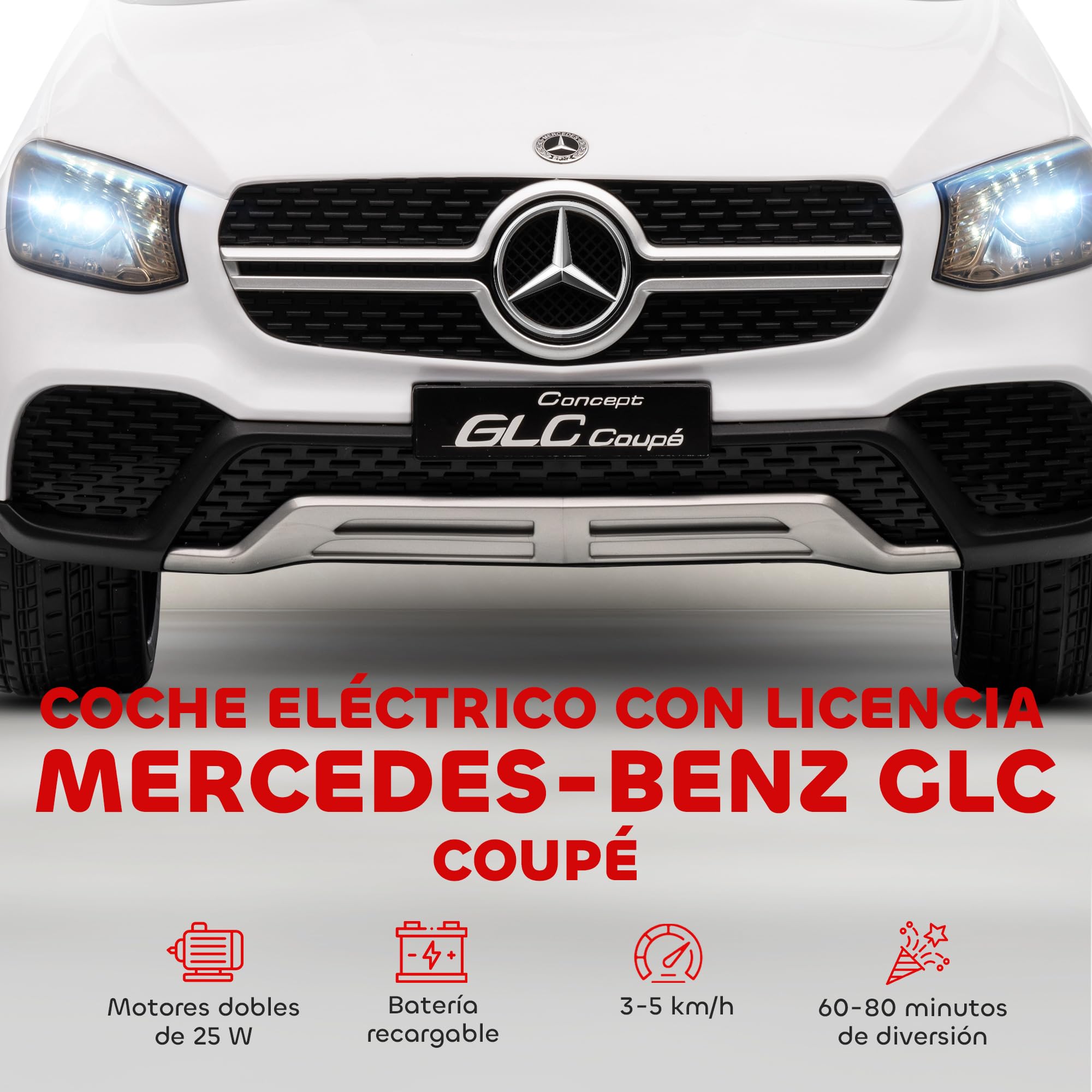 AIYAPLAY Coche Eléctrico para Niños Mercedes-Benz GLC, Coupé Coche de Batería 12V con Mando a Distancia 2,4 G Motor Doble Arranque Progresivo 3–5 km/h Uso 80 Min MP3 Bocina y Faros LED 3-6 Años Blanco — view 3