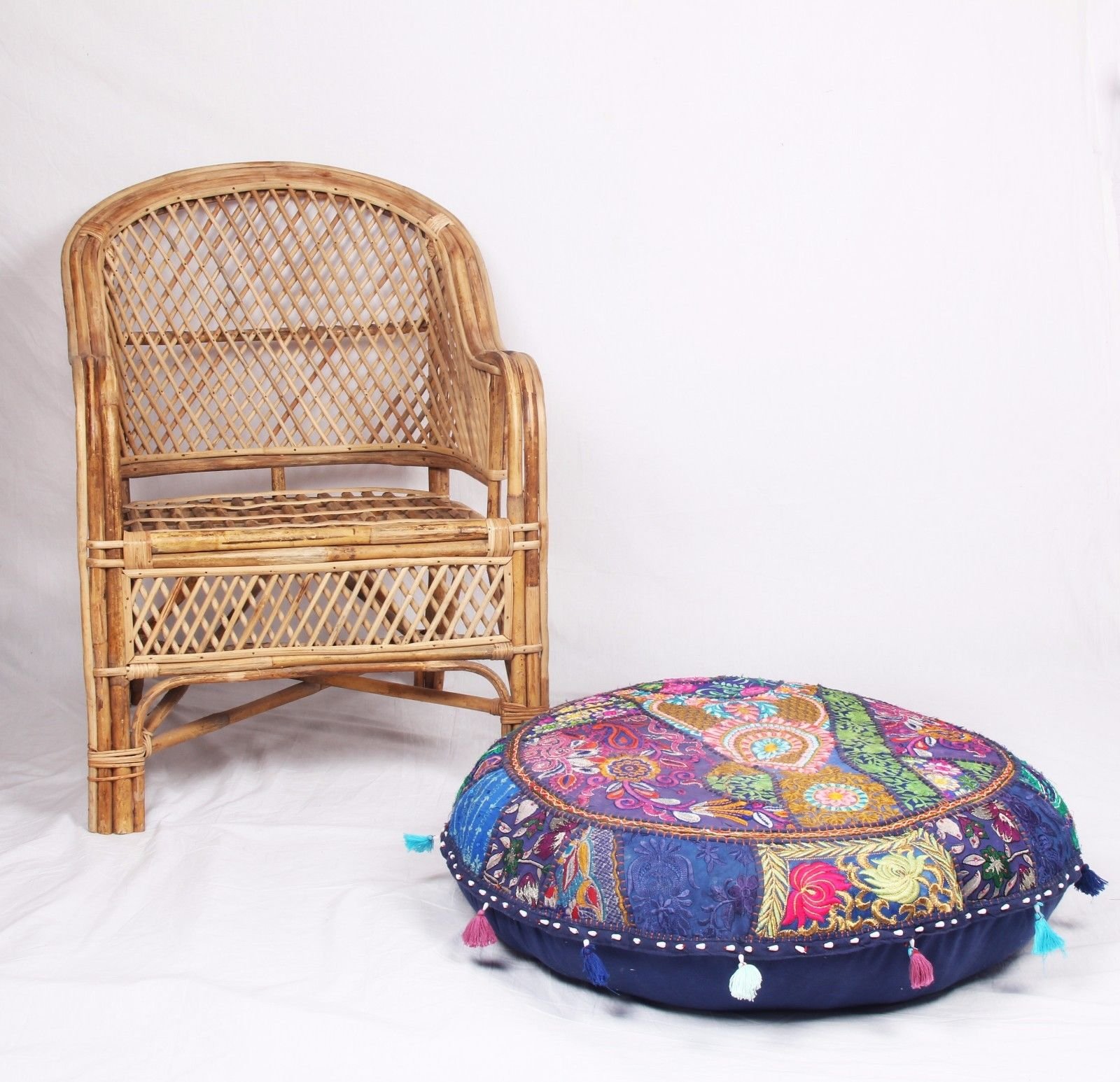 Sophia Art Round Floor Pillow Cushion Patchwork Pouf Ottoman Vintage Indian Foot Stool Bean Bag Floor Pillow Cover Home Decor Living Room Ottoman Bohemain Pillows (Blue, 32 Inch)