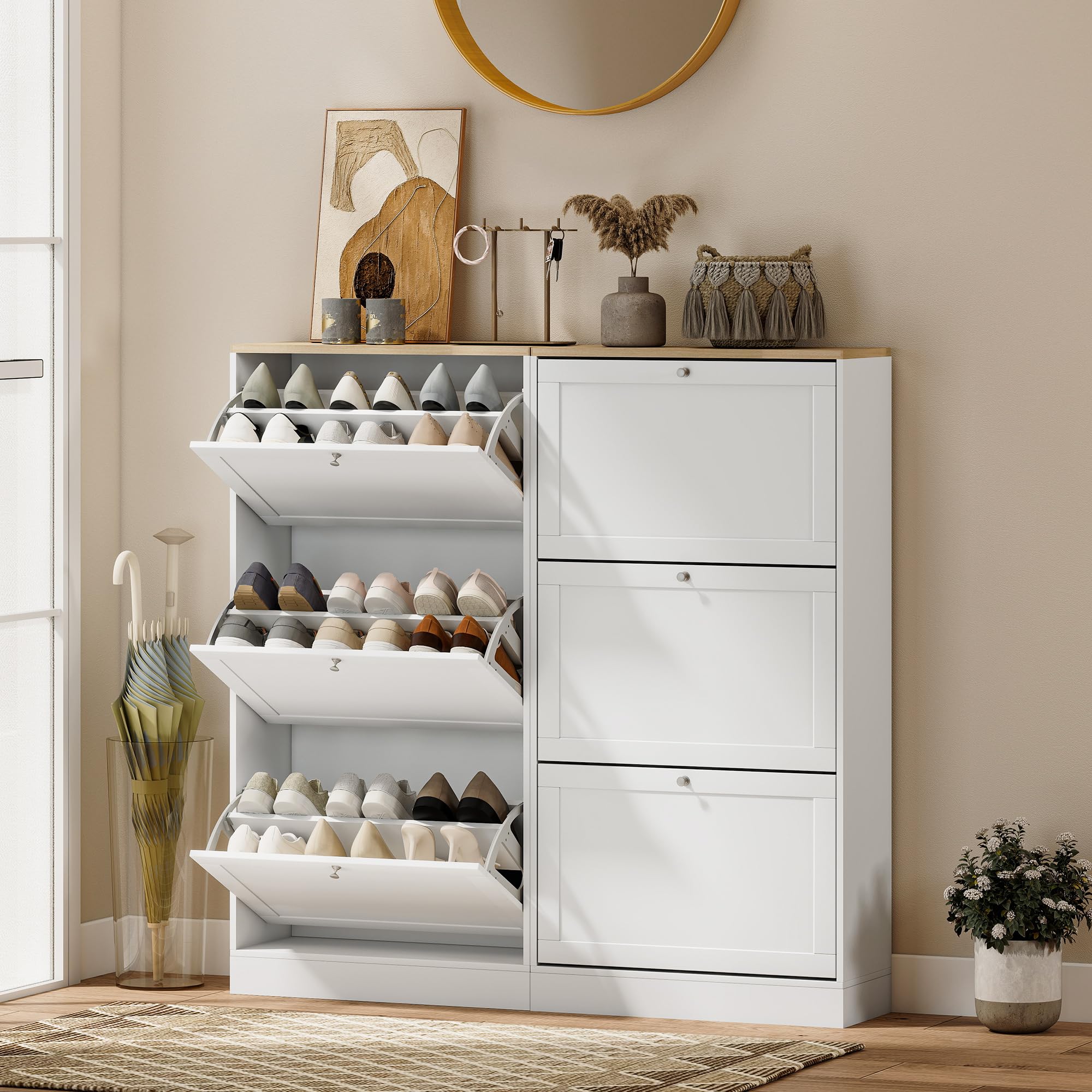 HOMCOM Scarpiera Salvaspazio Slim con 3 Ante a Ribalta, Scarpiera Ingresso Moderna in Legno con Ripiani Regolabili su 2 Livelli, Porta Scarpe per 12-18 Paia con Maniglia, 60x23.5x115 cm, Bianco