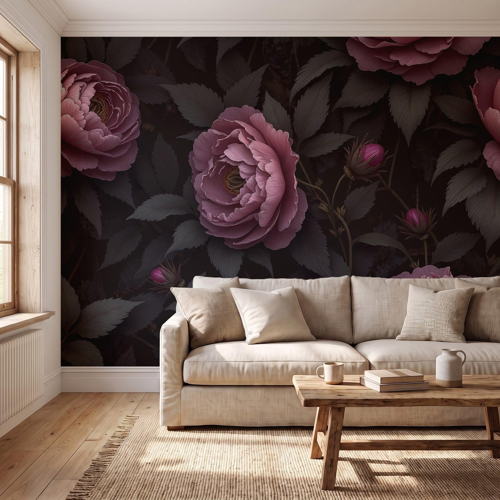 Fototapete Retro Blumenmuster 350 x 256cm Tapete Seidentapete Wandtapete moderne Wand Wandbild Schlafzimmer Wohnzimmer Wand Dekoration Dunkel Pfingstrosen