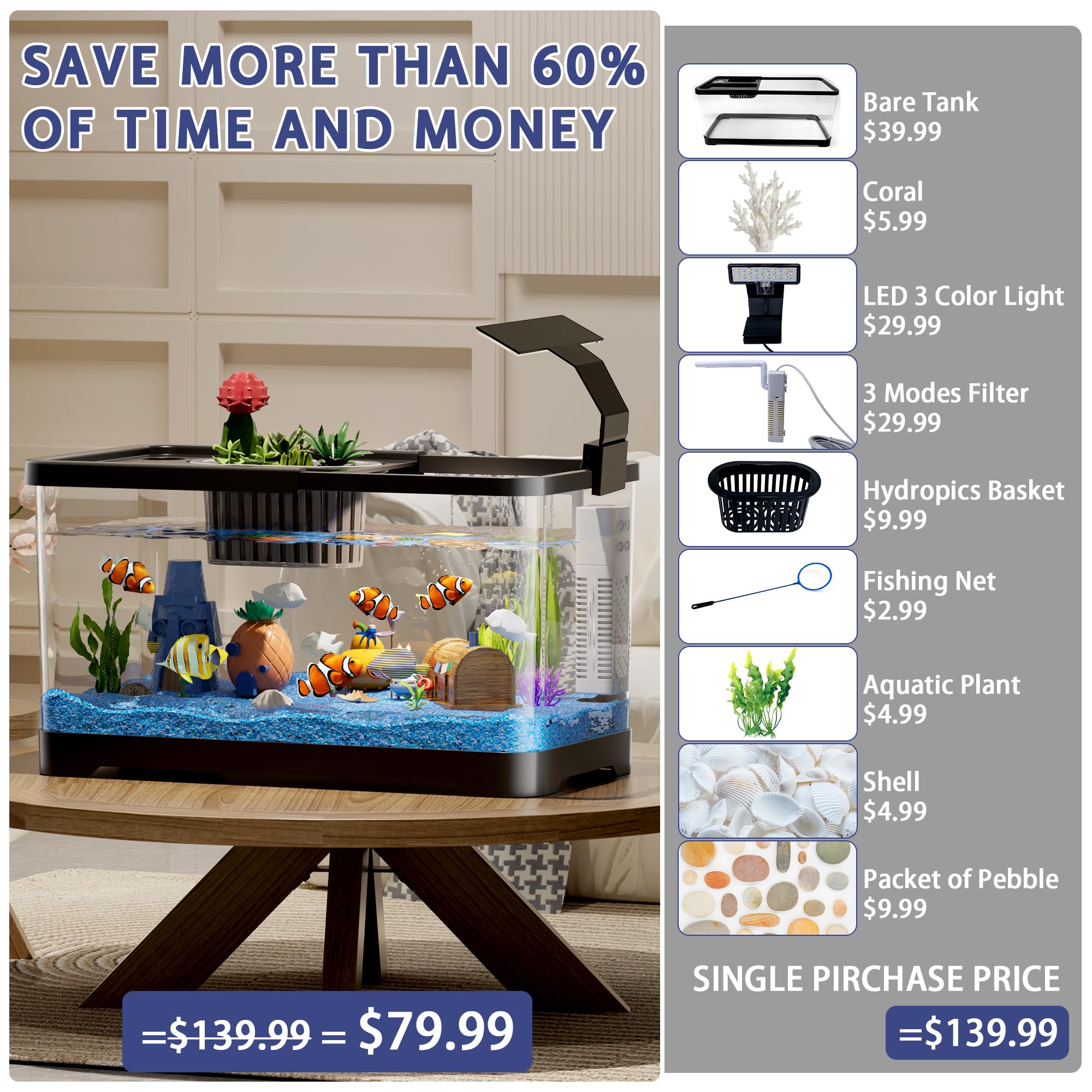 Tanque de peces de 5.3 galones, tanque de peces Betta 9 en 1, acuario con luz LED de espectro completo de 3 colores, filtro de 3 modos, cesta hidropónica, red de pesca, conchas, planta acuática