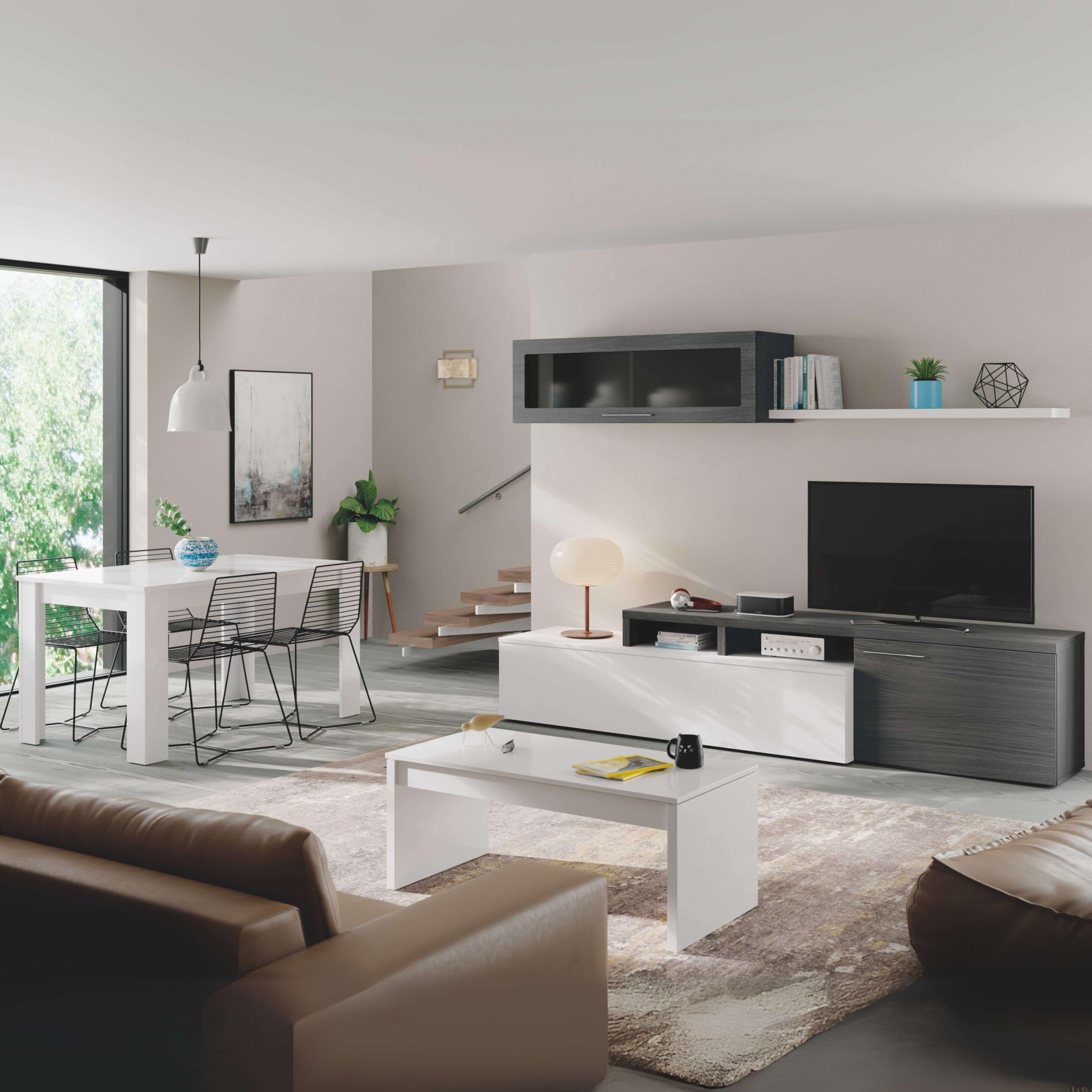 Habitdesign – Mesa de Centro Elevable, Mesa Auxiliar para Salón Comedor, Color Blanco Brillo, 102x43-54x50 cm - Modelo Zenit