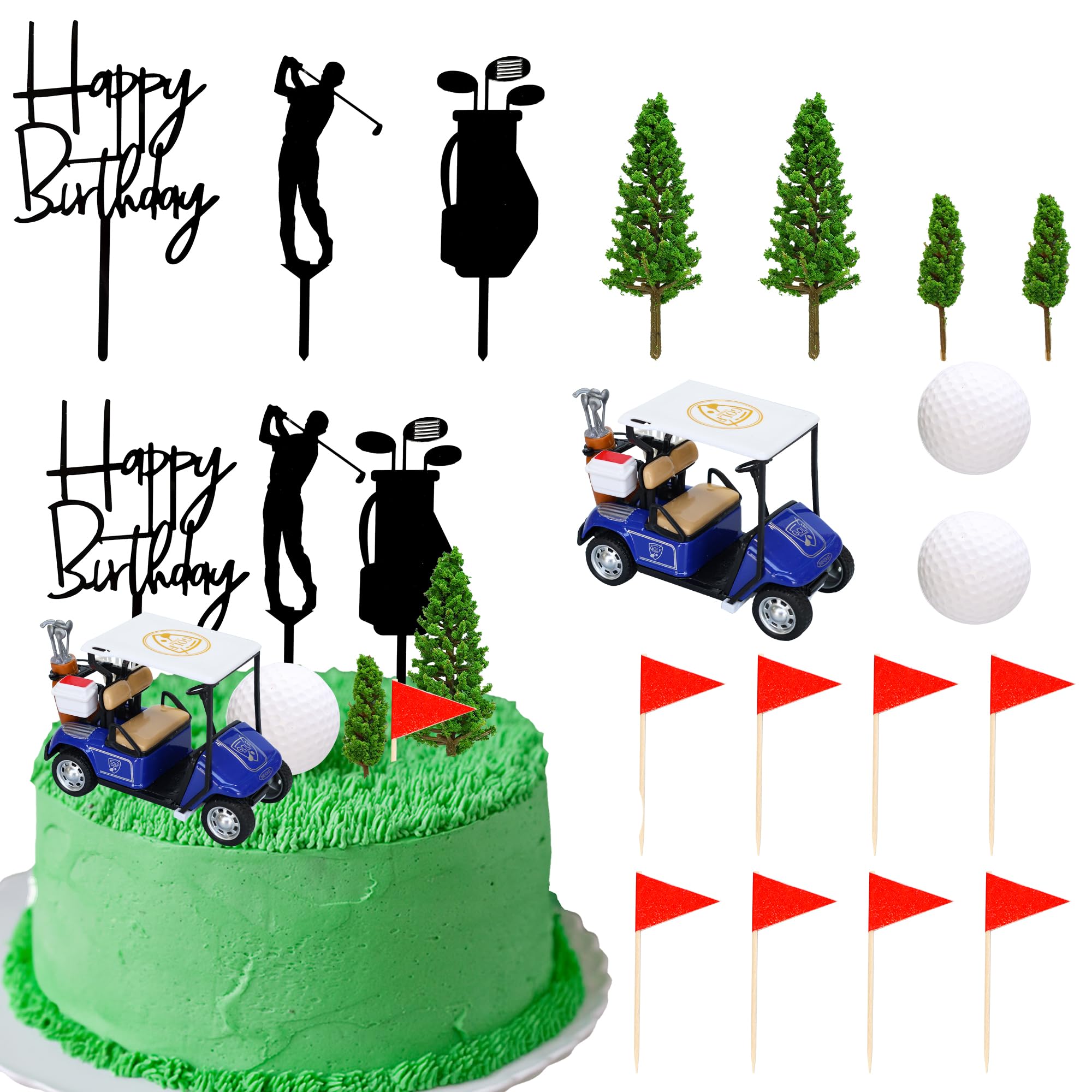Gyufise 22Pcs Golf Cake Decorations Golf Cart Cake Toppers Heading for The Green Cake Topper for Golfers with Cart Flag Golf Ball for Golf Theme Party Supplies Blue