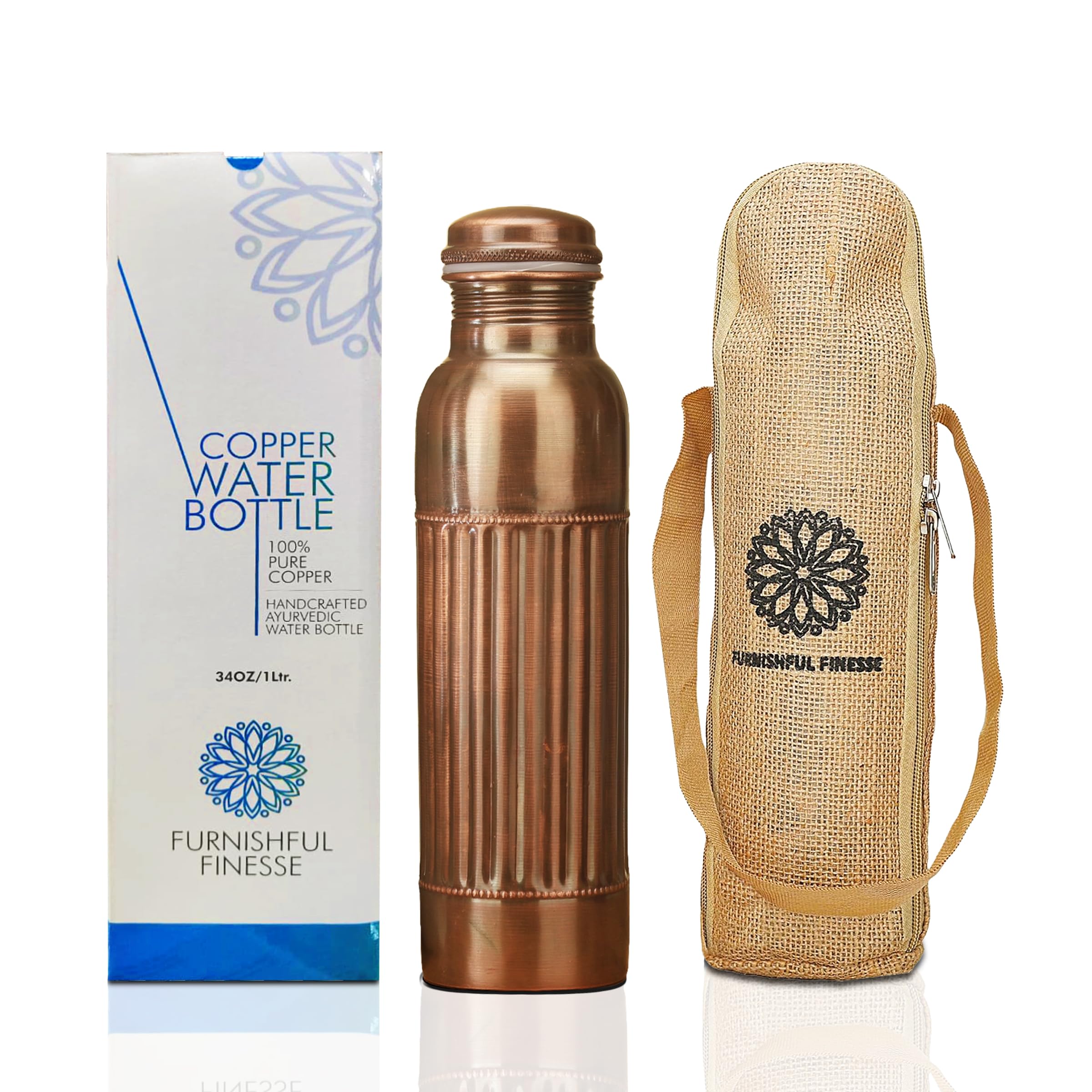 – FURNISHFUL FINESSE 32 Oz Copper Water Bottle for Drinking 1000 ml Ayurvedic Pure Copper Vessel with Carry Bag, Leak Proof Handcrafted Antique Coper Bottles for Gym Office Hiking Sports - 1 Liter