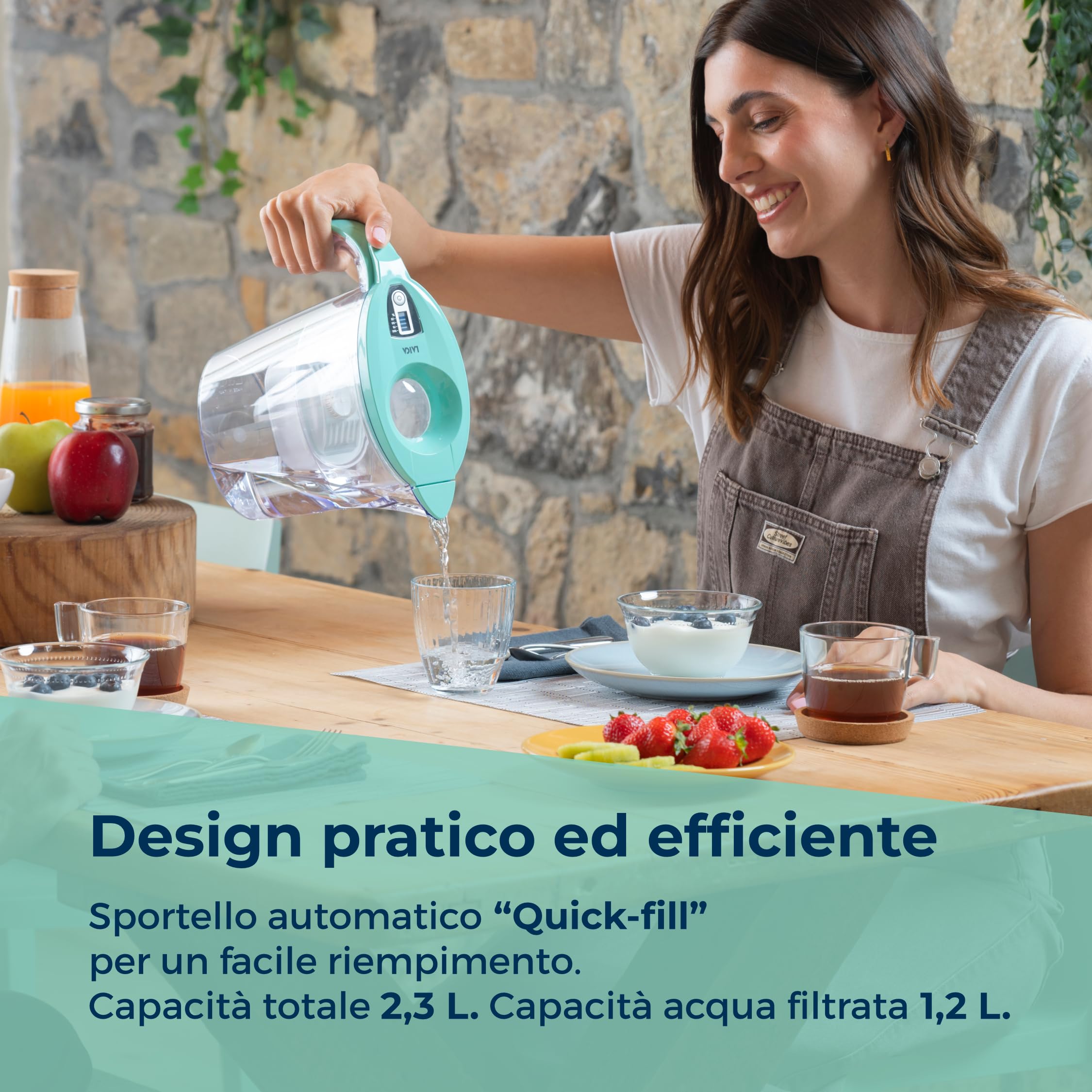 LAICA Stream Line bi-flux healthexpert Caraffa Filtrante - 2,3L Verde Acqua | 1 filtro incluso, riduce PFAS fino al 92%*, aggiunge magnesio, timer digitale e coperchio Quickfill, Made in Italy