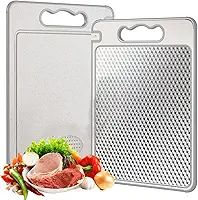 Tábua de Corte Dupla Face (Aço Inox + PP) - Higiene Máxima para Carnes e Vegetais! Antiderrapante, Canaleta Antirespingos, Afiador de Facas Integrado e Alça Prática. Ideal para Cozinha Segura