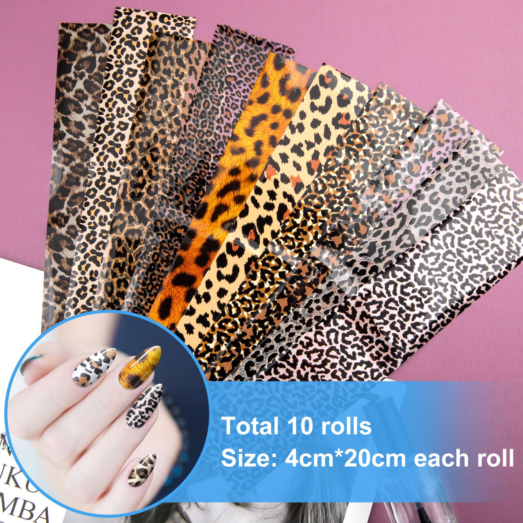 Alpinleux 10 Pcs Print Leopard Nail Art Transfer Stickers, Adhesive Decals Nail Art Supplies, Snake Print Nail Foils, Manicure Accessories for Nail Decorations