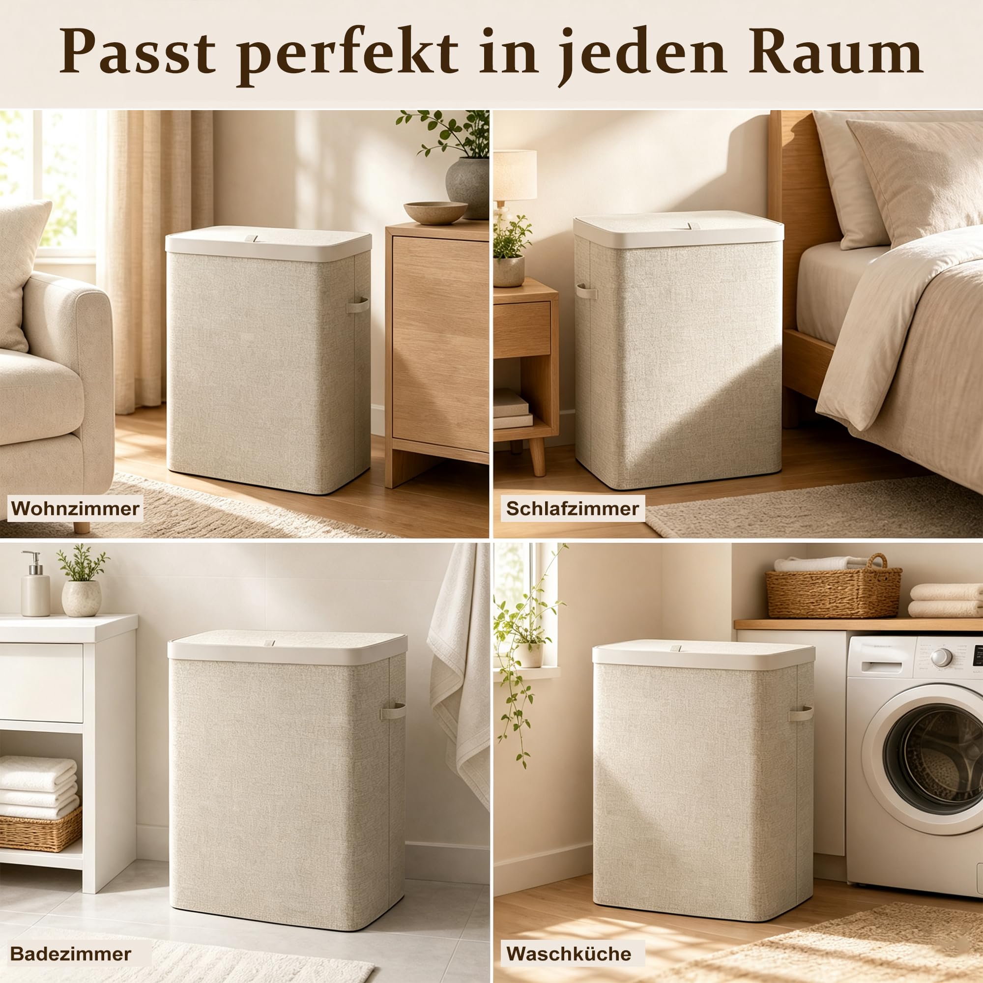 100L Wäschekorb mit Deckel, Wäschesammler 2 Fächer mit herausnehmbaren Wäschesäcken, Faltbare Wäschebox für Schmutzwäsche, Wäschebehälter für Badezimmer und Schlafzimmer, Beige