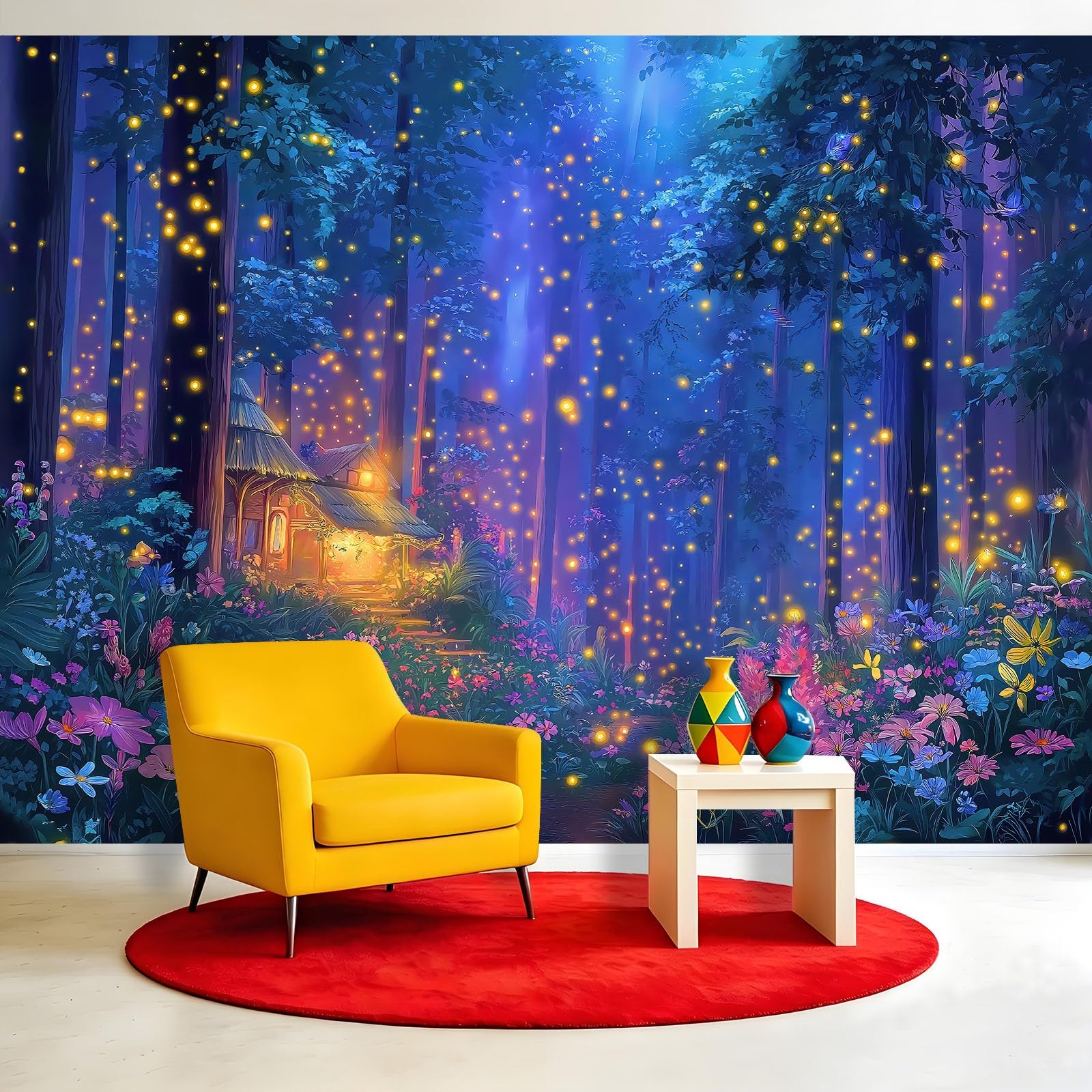 Générique Tapeta 3D las świetliki model chaty, panoramiczna tapeta 200 x 140 cm - do salonu sypialnia łazienka i kuchnia dekoracja ścienna plakat, fantazyjna scena nocna