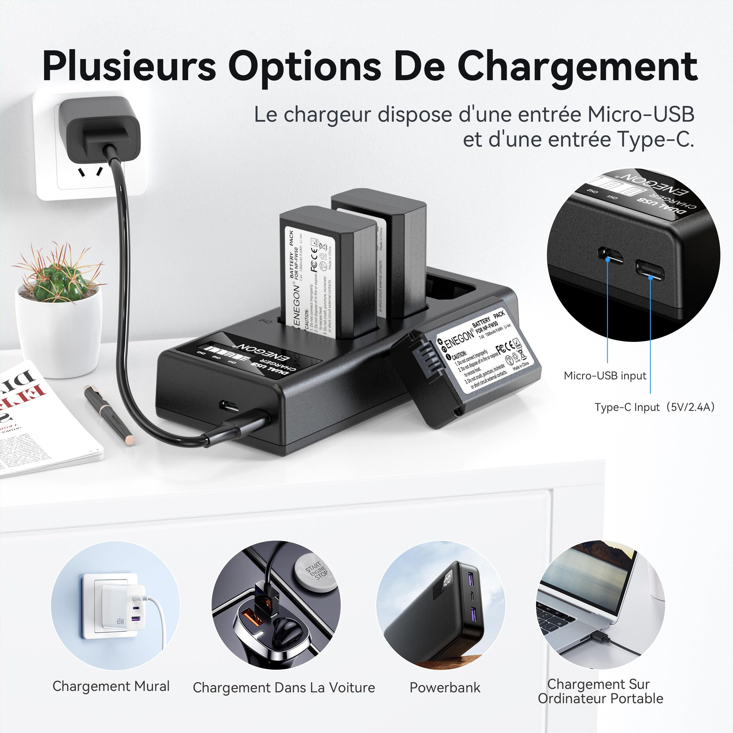 ENEGON NP-FW50 Lot de 3 batteries 1300 mAh et chargeur LCD 3 baies pour Sony Alpha A6000 A6300 A6400 A6500 ZV-E10 7RM2 A7SM2 A7M2 A7 II A7R II A7S II A5000 A5100 A5100 3000 g. RX10 II III IV NEX-3/5