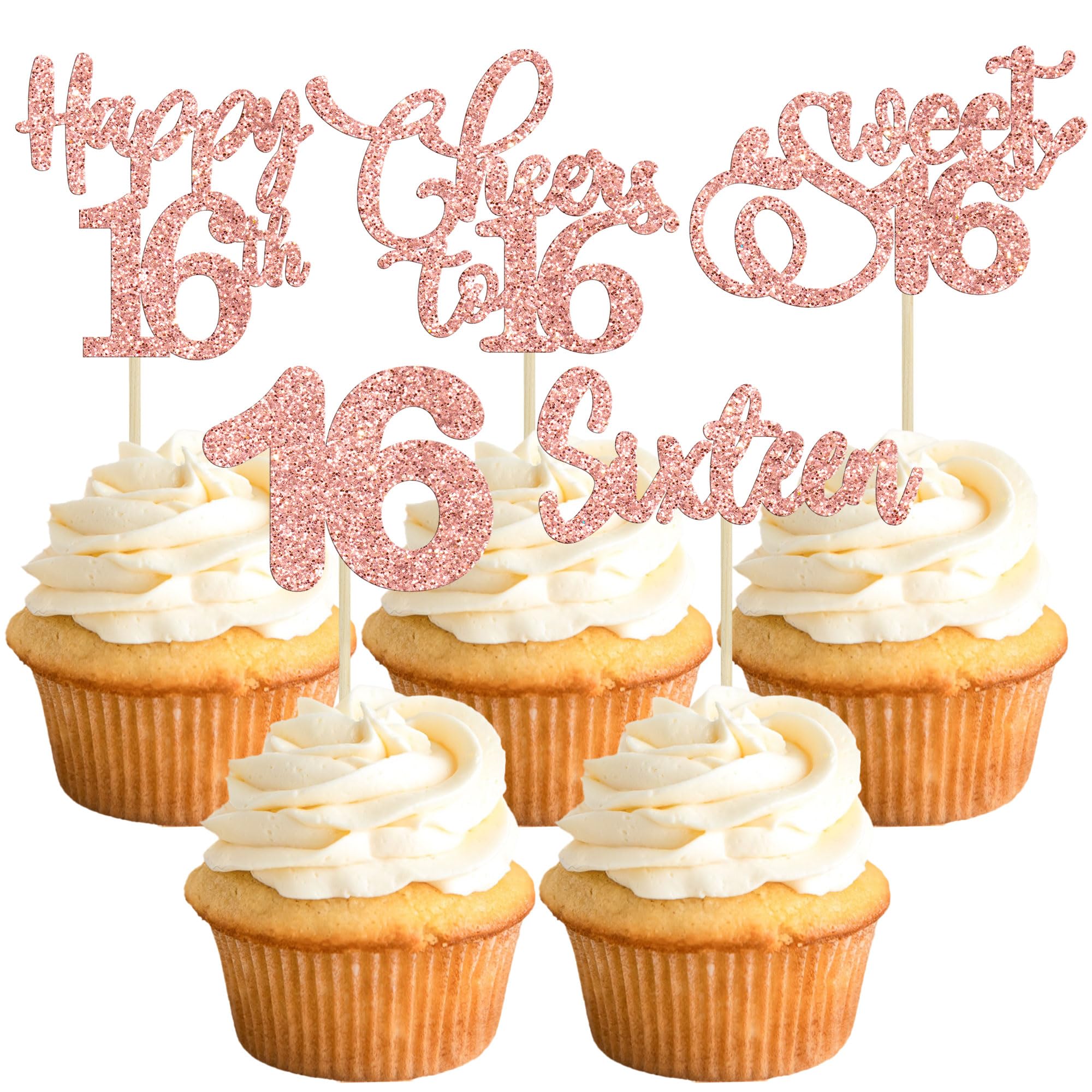 30 Pack Happy 16th Birthday Cupcake Toppers Rose Gold Glitter Sixteen Cheers to 16 Years Old Birthday Cupcake Picks for Happy 16th Anniversary Party