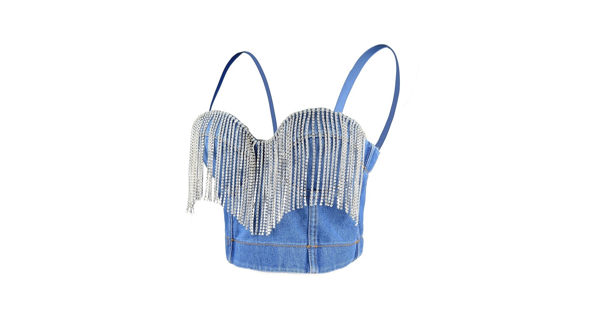 ELLACCI Women's Tassel Rhinestone Denim Bustier Crop Top