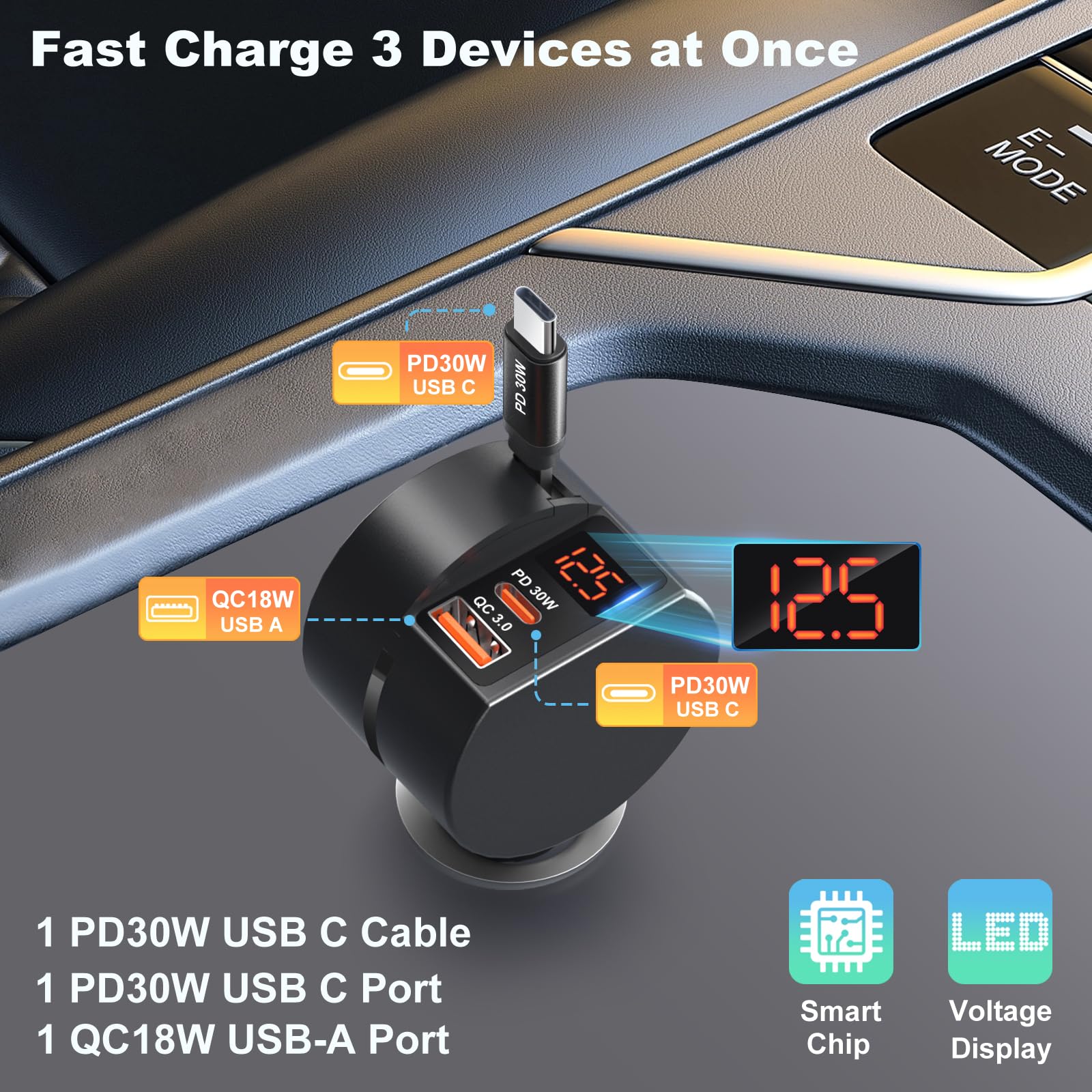 OKRAY Paquete de 2 cargadores retráctiles de coche de 78 W y 3 puertos con 2 cables de carga USB C en espiral