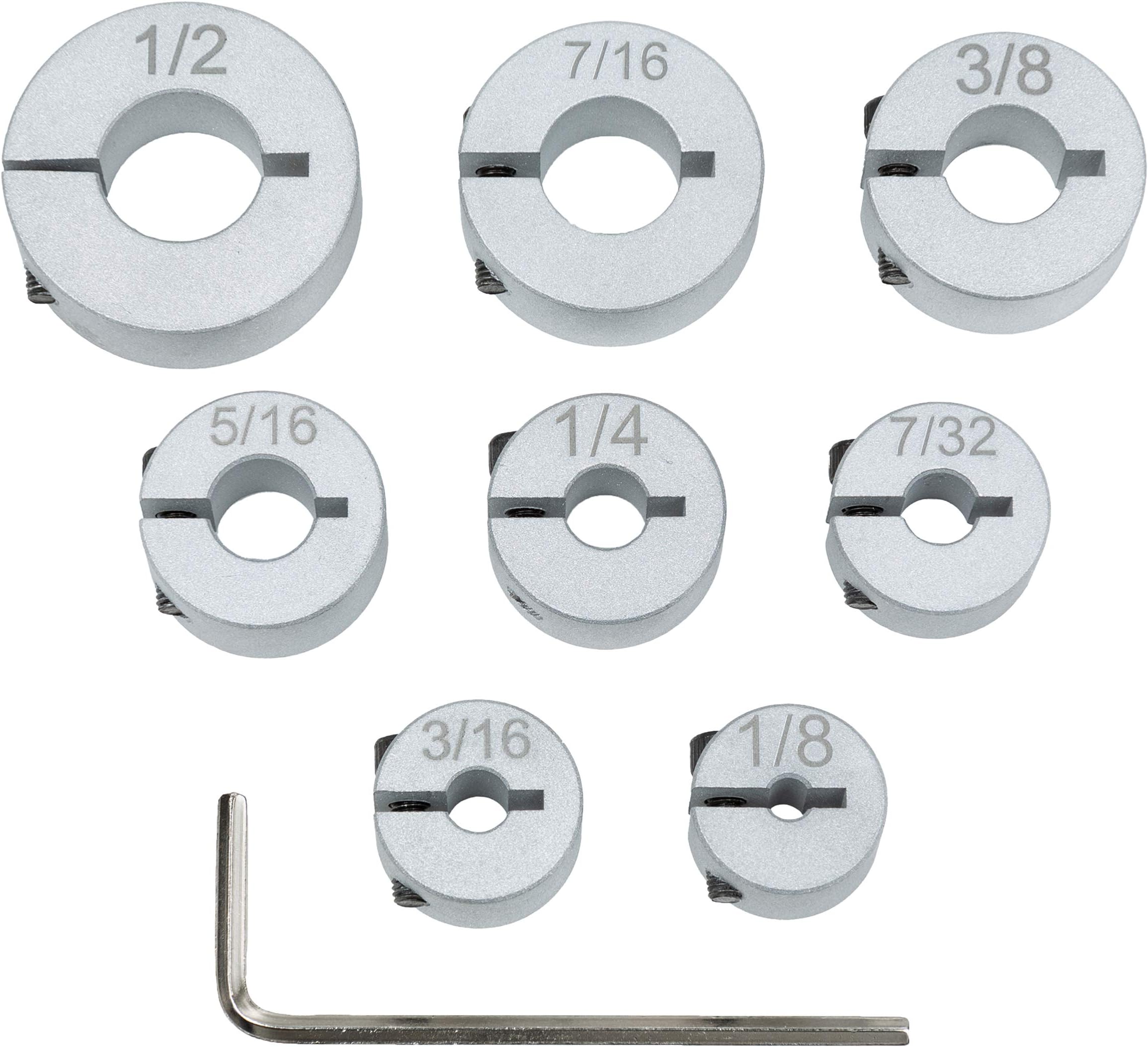 Aluminum Stop Collar Set - Drill Bit Depth Stop - Superior Split Ring Design - 8 Piece Set (1/2", 7/16", 3/8", 5/16", ยผ", 7/32", 3/16", 1/8") - Drill Bit Holder