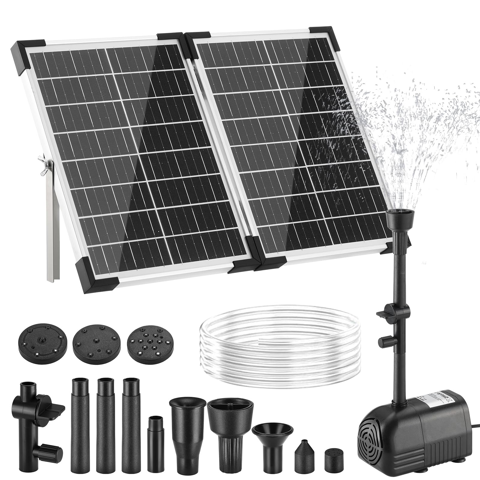 Clevich 25W Pompe Solaire Bassin Extérieur,260L/H, Max 200cm,Panneau en Verre 100% avec Moteur sans Balais,INCL 4+4 Buses et 2Cartouches Filtrantes,Câble de 5m,pour Bassins de Taille Moyenne,Jardin