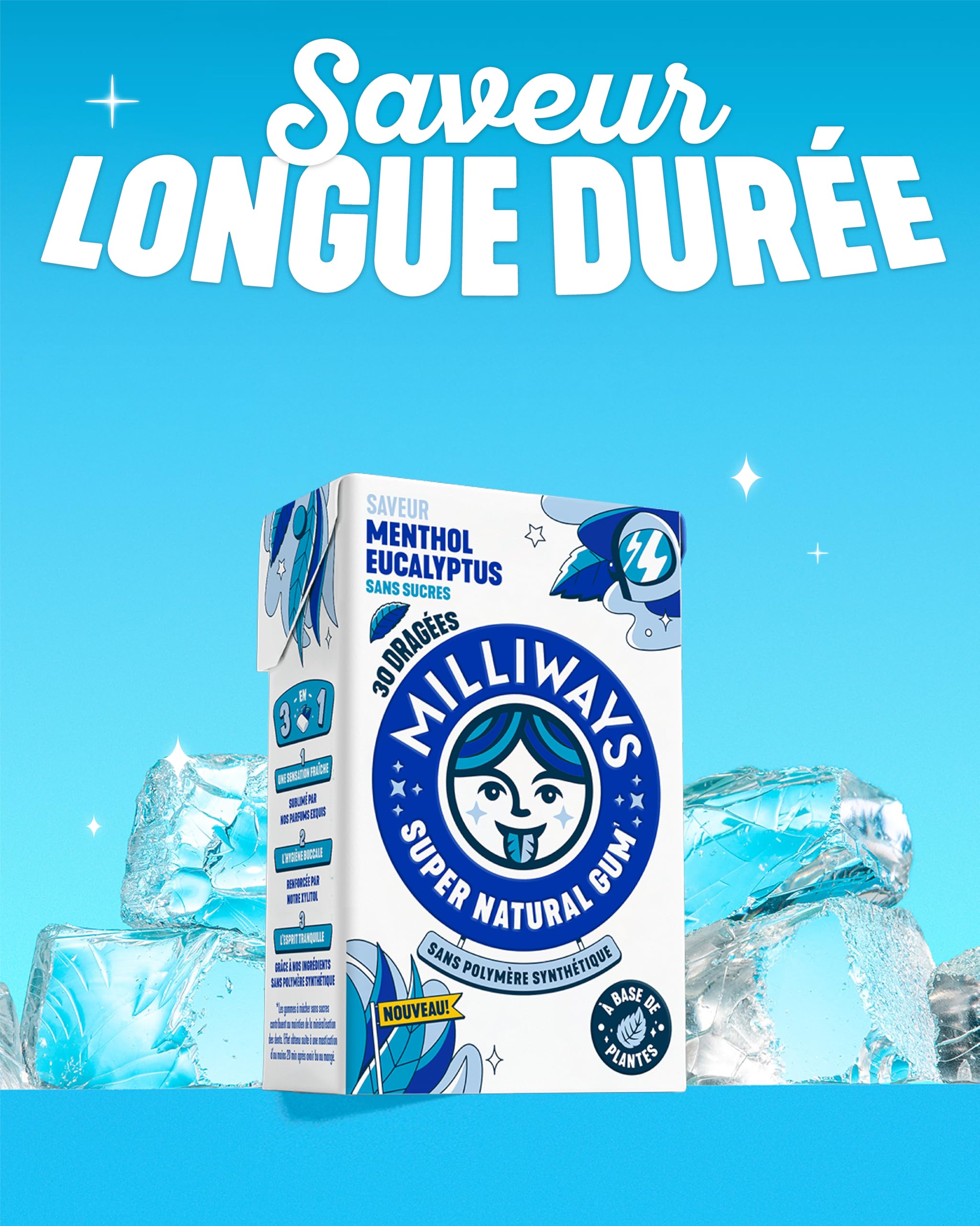 MILLIWAYS - Chewing gum sans sucres avec édulcorants et arôme naturel au goût de menthol eucalyptus 10 boîtes de 30 dragées de 60g- À base de plantes - Avec du Xylitol - Sans aspartame