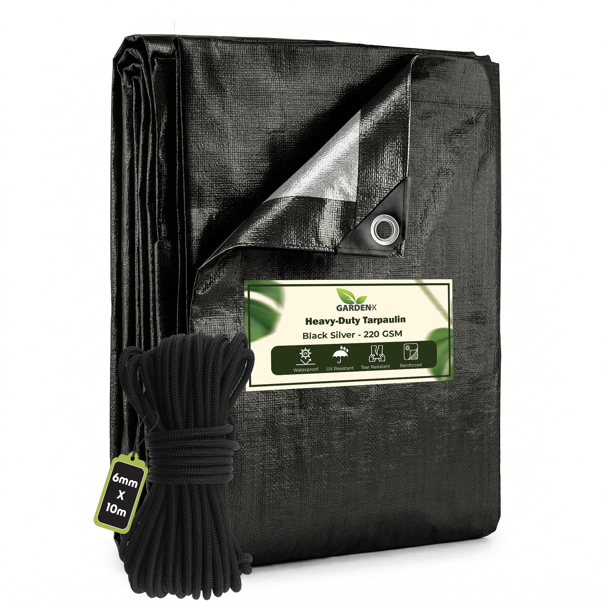 Gardenix Black/Silver + 10 Metres Of 6Mm Bungee Rope 2M X 2M Heavy Duty 220Gsm- Eyelets Every 50 Cm Tarpaulin Waterproof Tarp Sheet Cover, Groundsheet, Multipurpose, Reinforced + 10 Metres Of 6Mm Bungee Rope