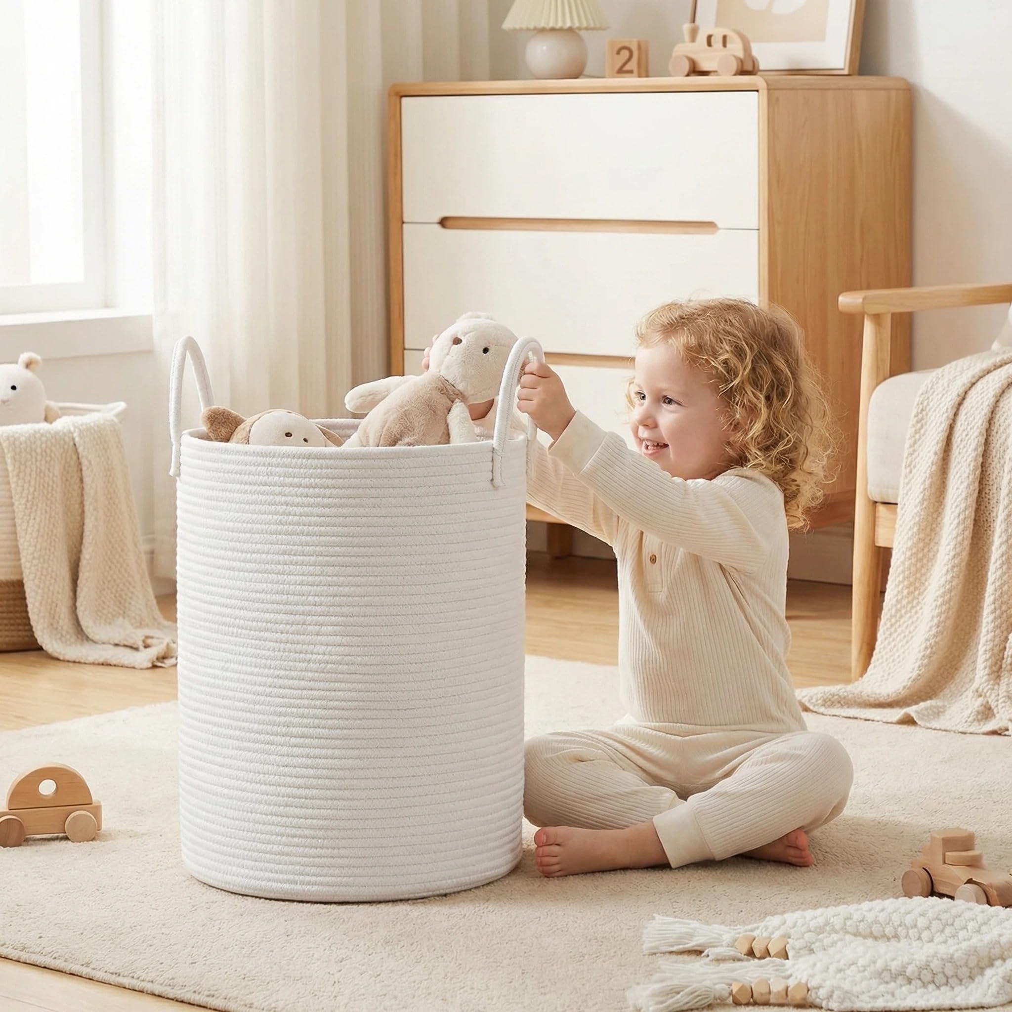 Grande cesto portaoggetti in corda di cotone intrecciato da 60 l, con manici, alto per biancheria e giocattoli, per asilo, soggiorno e camera da letto, cestino morbido e pieghevole (bianco)