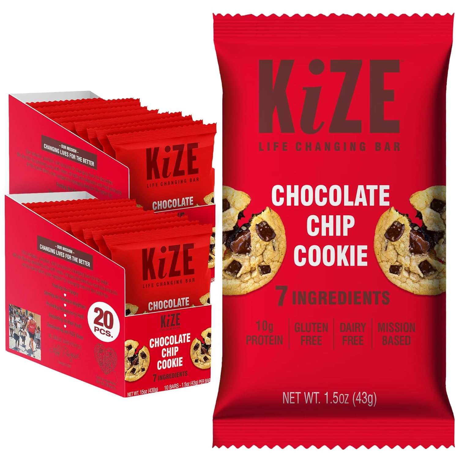 KiZE Energy Bars - Chocolate Chip Cookie - 20 Count - Almond-Butter-Based, Gluten Free, Dairy Free, Non-GMO, and High Protein Meal Replacement Energy Bars, Clean and Simple Food Ingredients - 10g High Protein Snacks (20 Count)