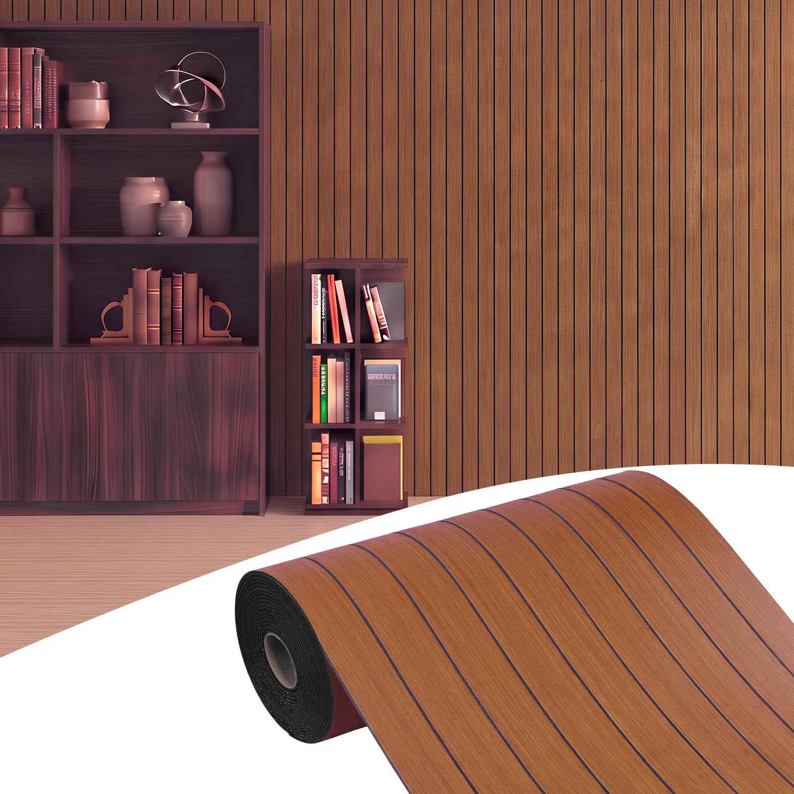 Elvone Peel and Stick PVC Slat Wood Wall Panel, Walnut, 118" x 15.7"