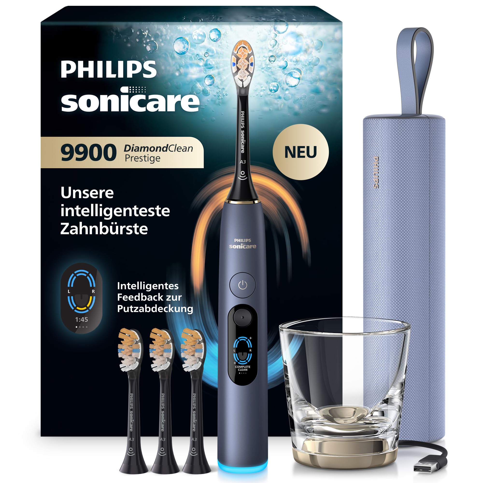 Philips Sonicare Next-Generation DiamondClean 9900 Prestige elektrische Zahnbürste - intelligentes Feedback zur Putzabdeckung, intelligente Andruckkontrolle und 24 Einstellungen, Sturmblau, HX9815/98