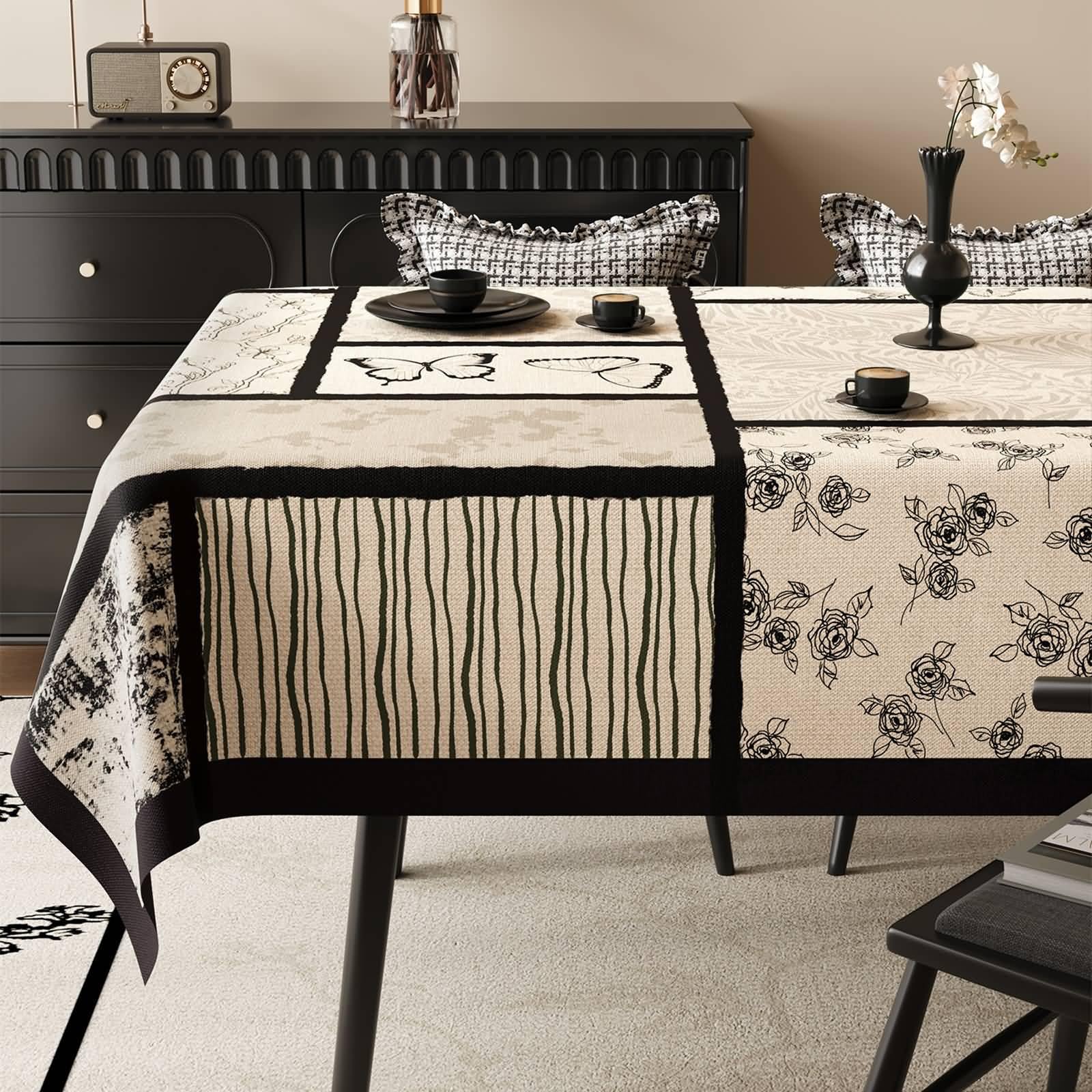 PVC Tischdecke Küche Modern, Beige Schwarz | 90x150CM