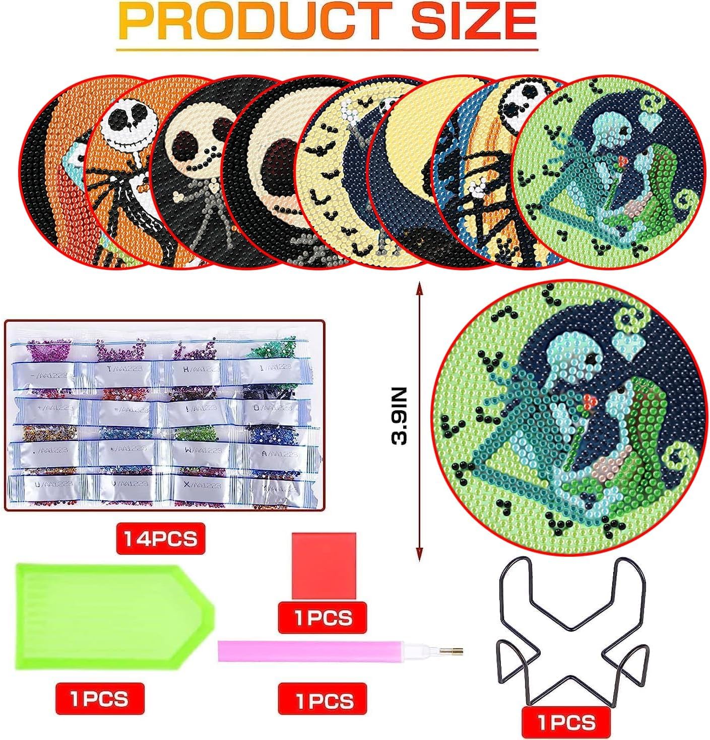 8-Piece Halloween Diamond Art Coasters Kit - DIY Skeleton & Animal Designs With Holder
