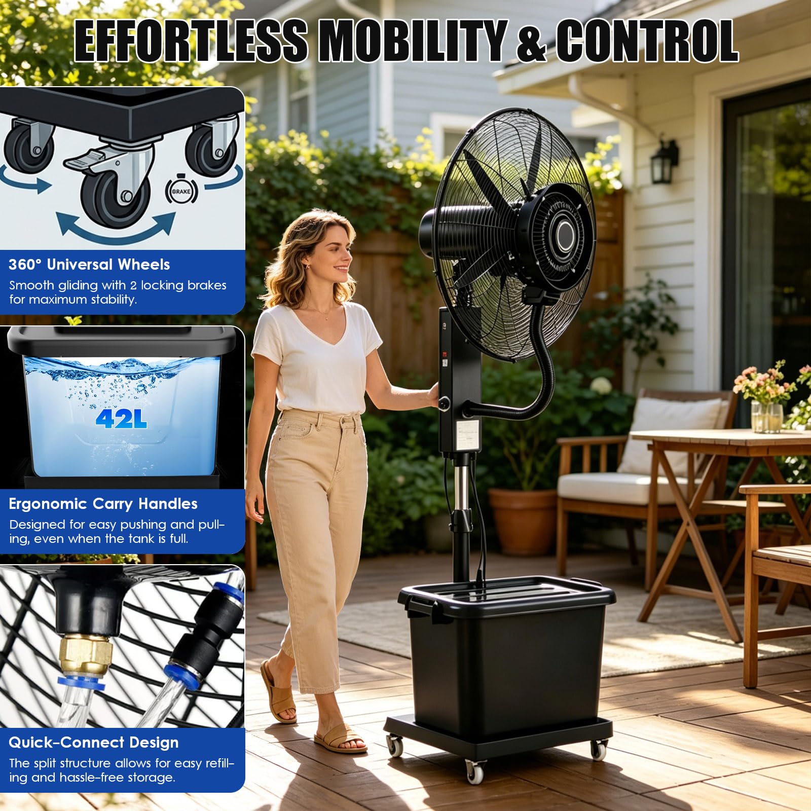 Ventilatore ad Acqua Industriale su Ruote, Grande Ventilatore a Nebulizzazione 40L, Ventilatore a Tamburo in Metallo a 3 Velocità, Altezza Regolabile