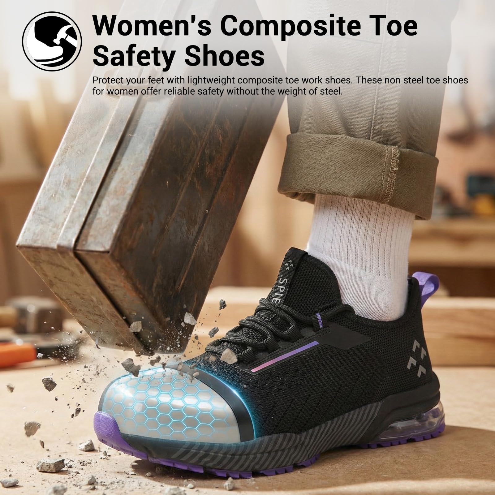 SPIEZ Zapatos Seguridad Mujer Air Cushion Slip-On Punta Composite Soporte Arco Negro-Morado EU 35-41