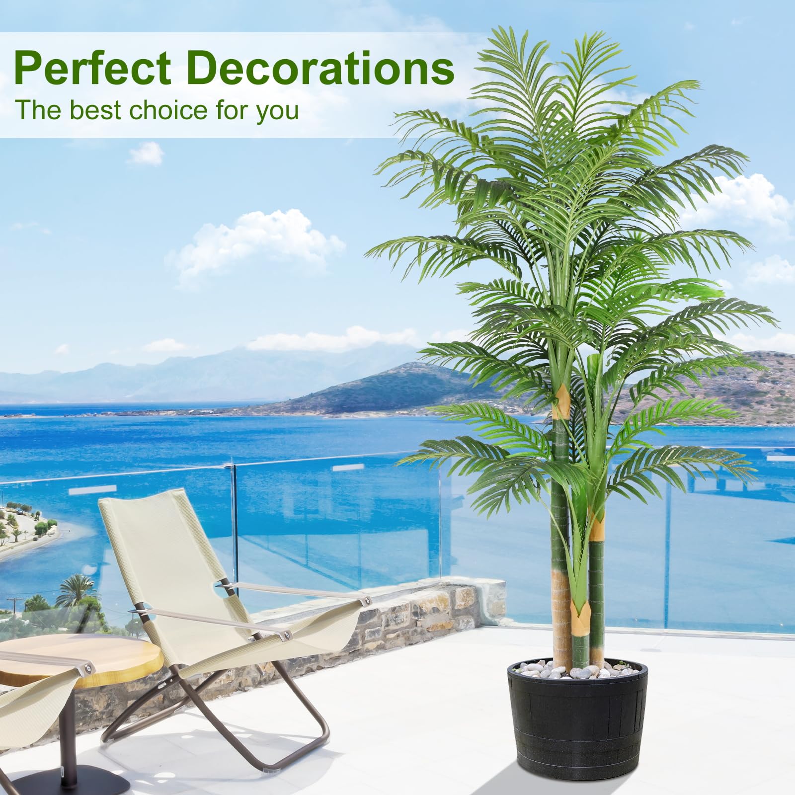 Palmier Artificiel Triple Doré 200cm Haute, Palmier Artificiel Exterieur, Arbre Artificiel Exterieur ou Intérieur pour Maison Chambre Bureau Salon Balcon Jardin Décoration (1Pack)