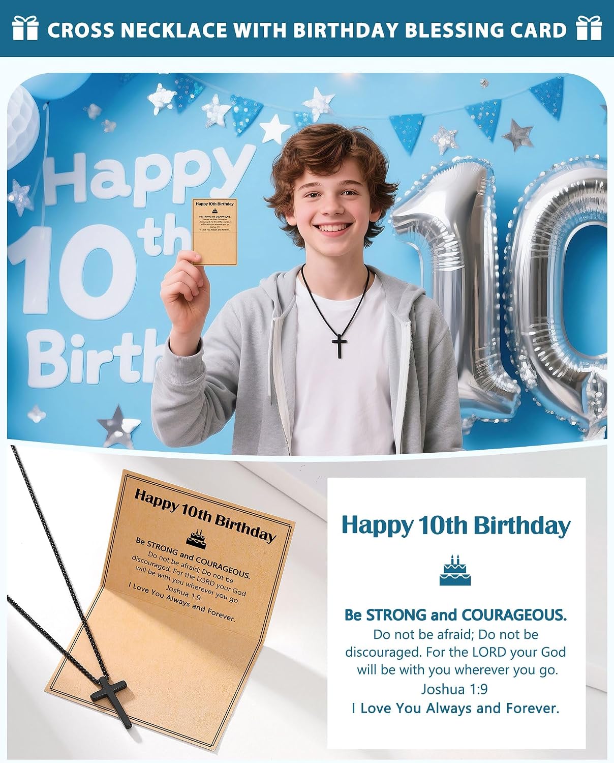 Birthday Gift Black Cross Necklace for Boys 8–30 Years Old with Joshua 1:9 Bible Verse