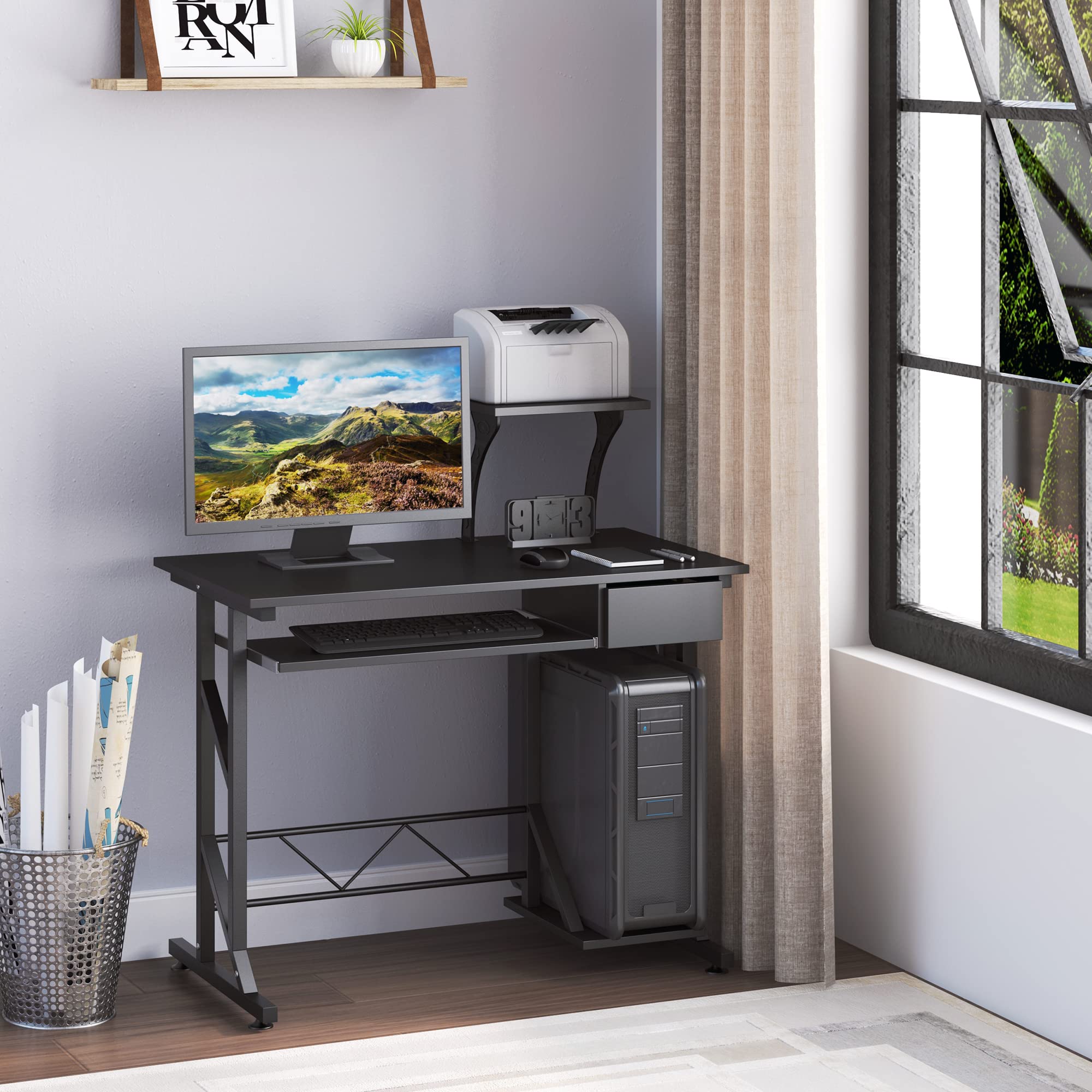 HOMCOM Scrivania per Computer Salvaspazio in Acciaio e Legno, Scrivania da Ufficio con Cassetto, Ripiano Tastiera Estraibile 90 x 50 x 95cm