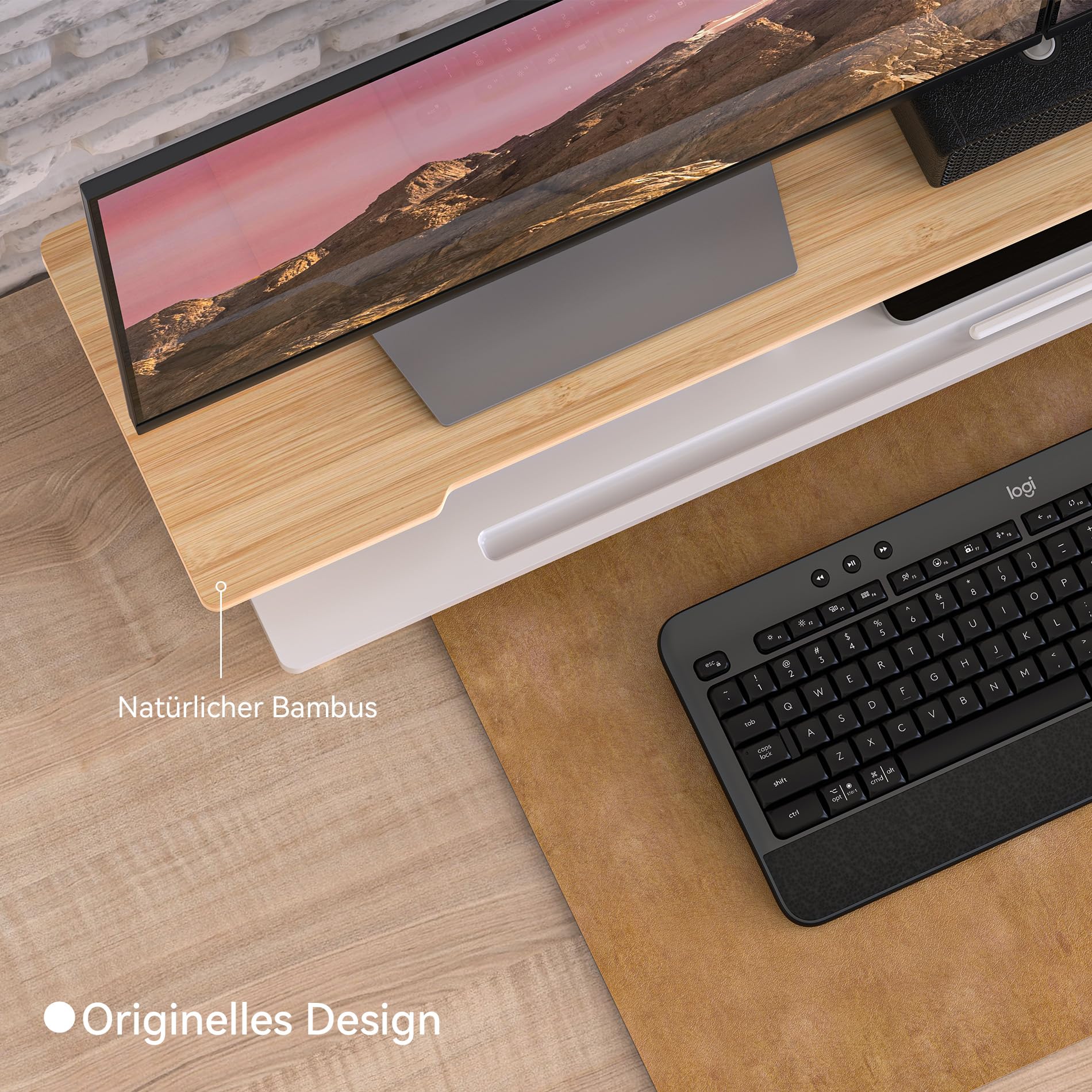 WELL WENG Monitorständer Doppelmonitorständer für Schreibtisch, Holzregal für Schreibtisch mit Aufbewahrungsorganizer und Halterung für Smartphone und Tablet (108 cm, weiß und naturfarbenes Bambus)