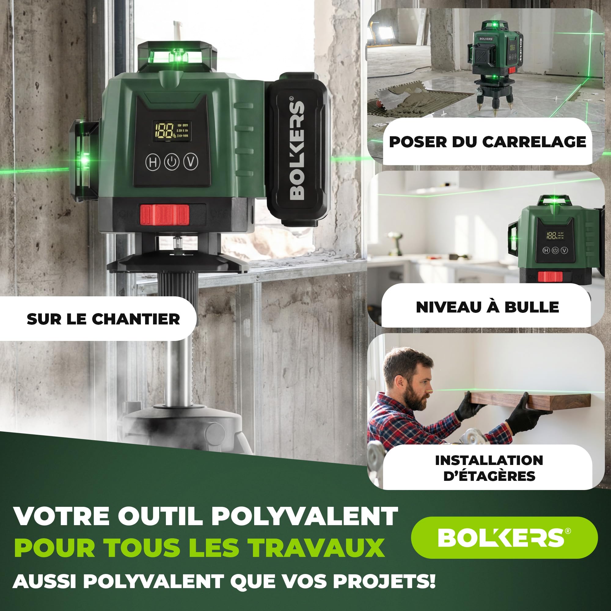 ProLaser 4x360° Niveau Laser Croix avec Trépied - Laser Vert Autonivelant, Niveau Laser Chantier, 16 Lignes, 2 Batteries, Mallette & Accessoires pour Carrelage, Mur & Installation