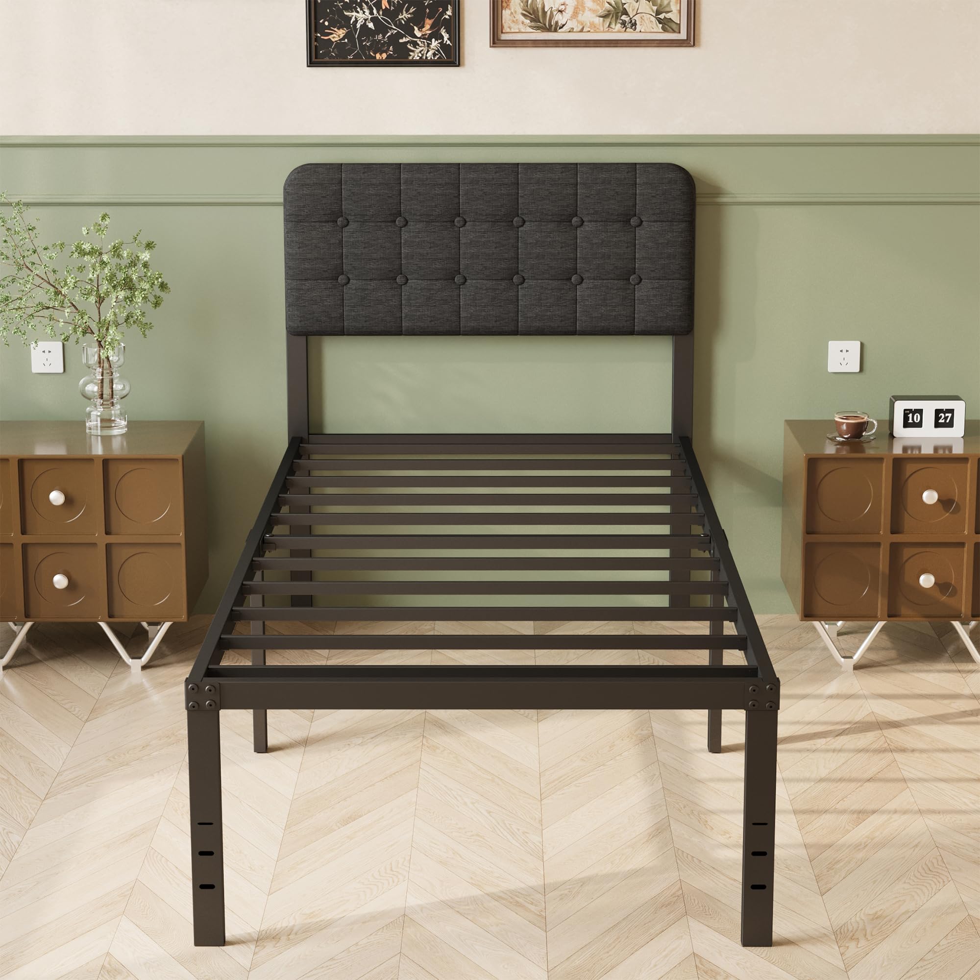 Cama 90x190 con Cabecero Tapizado Curvo, Somier de Metal con Lamas de Acero, Altura 46 cm, Almacenamiento, Negro