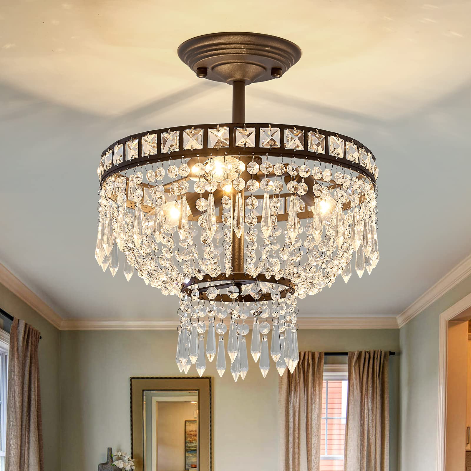 Buy DAFKOS Modern Crystal Chandelier 3 Lights Semi Flush Ceiling Light