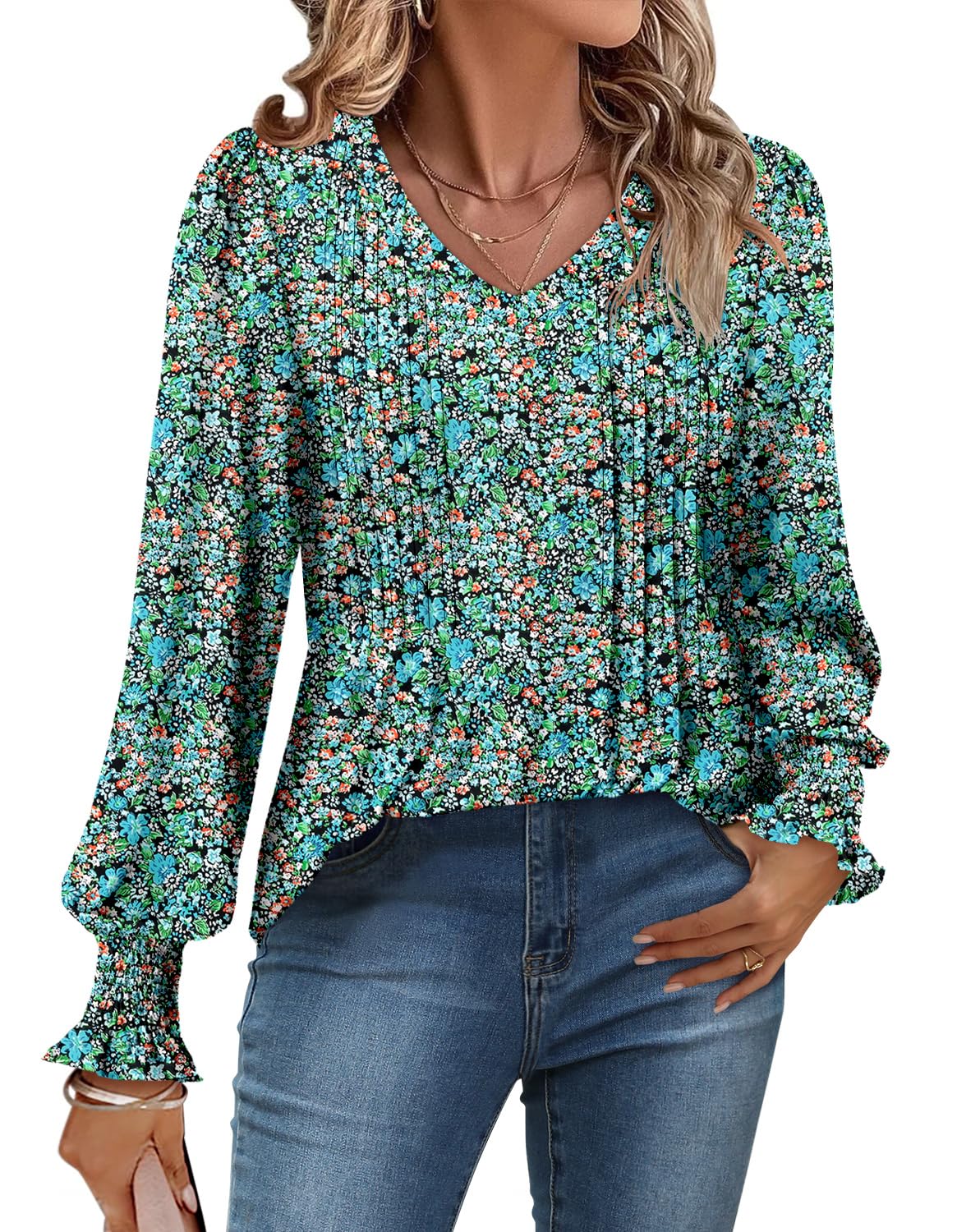 onlypuff Womens Tunic Tops V Neck Puff Long Sleeve T-Shirt Pleated Blouse Shirts Dressy S-XXXL