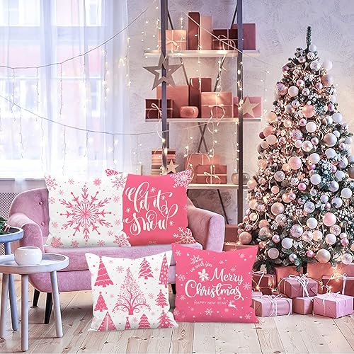 Miniatura 5 de Lanpn Juego de 4 fundas de almohada de Navidad blancas y rosas de 18 x 18 pulgadas, fundas de cojín decorativas de Navidad de 18 pulgadas, fundas de
