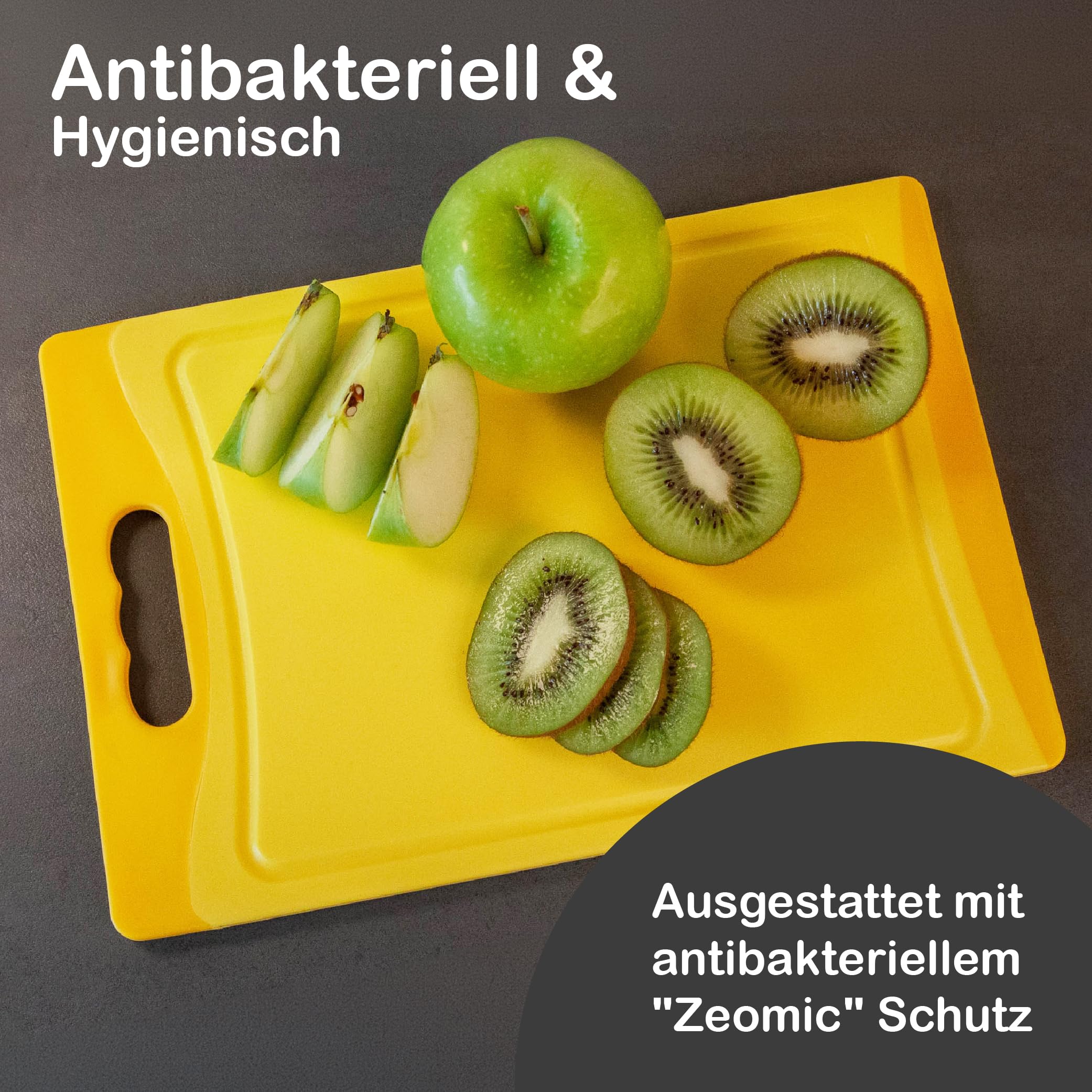 Schneidebrett SET 6-teilig bunt, mit Saftrille & Griff - Antibakteriell - Hackbrett, Kunststoffbrett beidseitig verwendbar & Spülmaschinenfest (28,5 x 19,5 x 0,8 cm)
