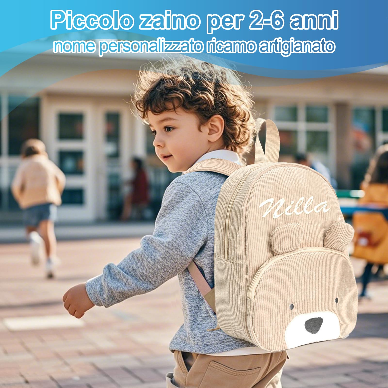 Generico Zainetto Asilo Bambino Personalizzato con Nome Ricamato, Zaino Velluto a Coste per Bambina e Bimbo, Scuola & Viaggi (Cachi)
