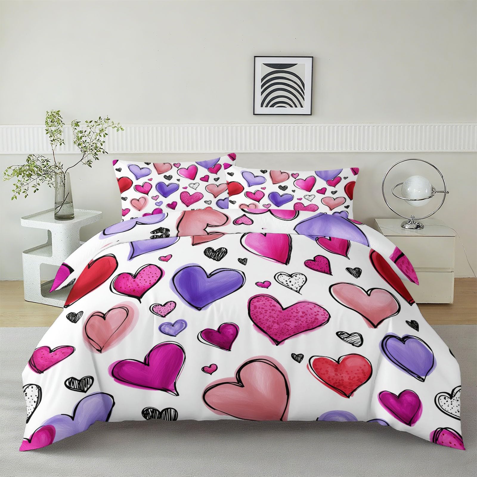 Zestaw pościeli 240 x 260 cm ręcznie rysowany wzór serca bardzo miękka poszwa na kołdrę z mikrofibry z poszewką na poduszkę, komplet pościeli z mikrofibry z zamkiem błyskawicznym, różowy